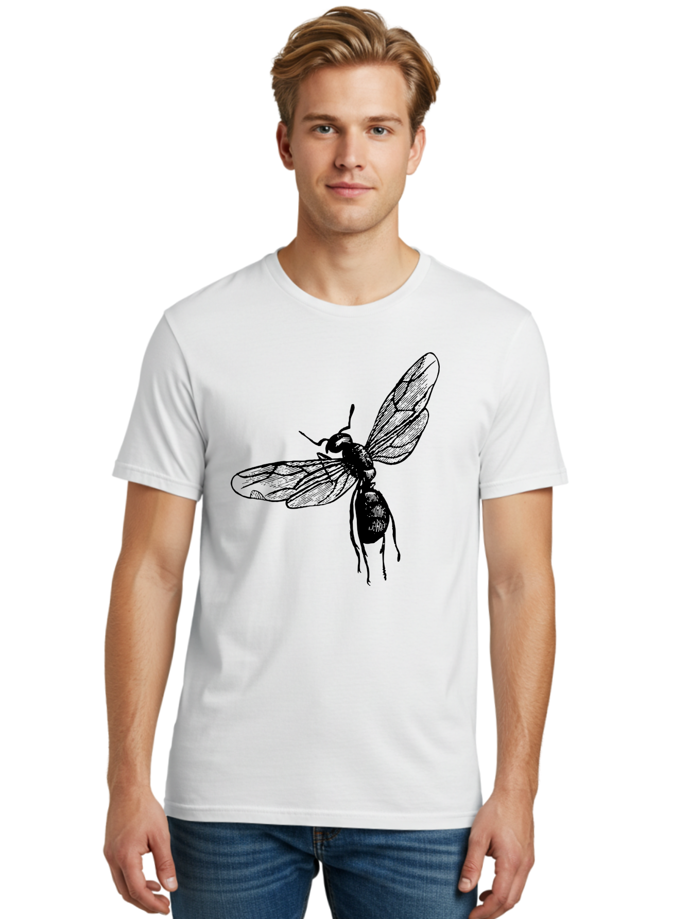 Bee Men'S Graphic Tee, 100% Cotton, Comfortable Casual Summer Wear, Machine Washable, Black Wasp In Flight, Insect Wings, Entomology Illustration, Detailed Drawing, Winged Creature, Insect Art Aab503 30