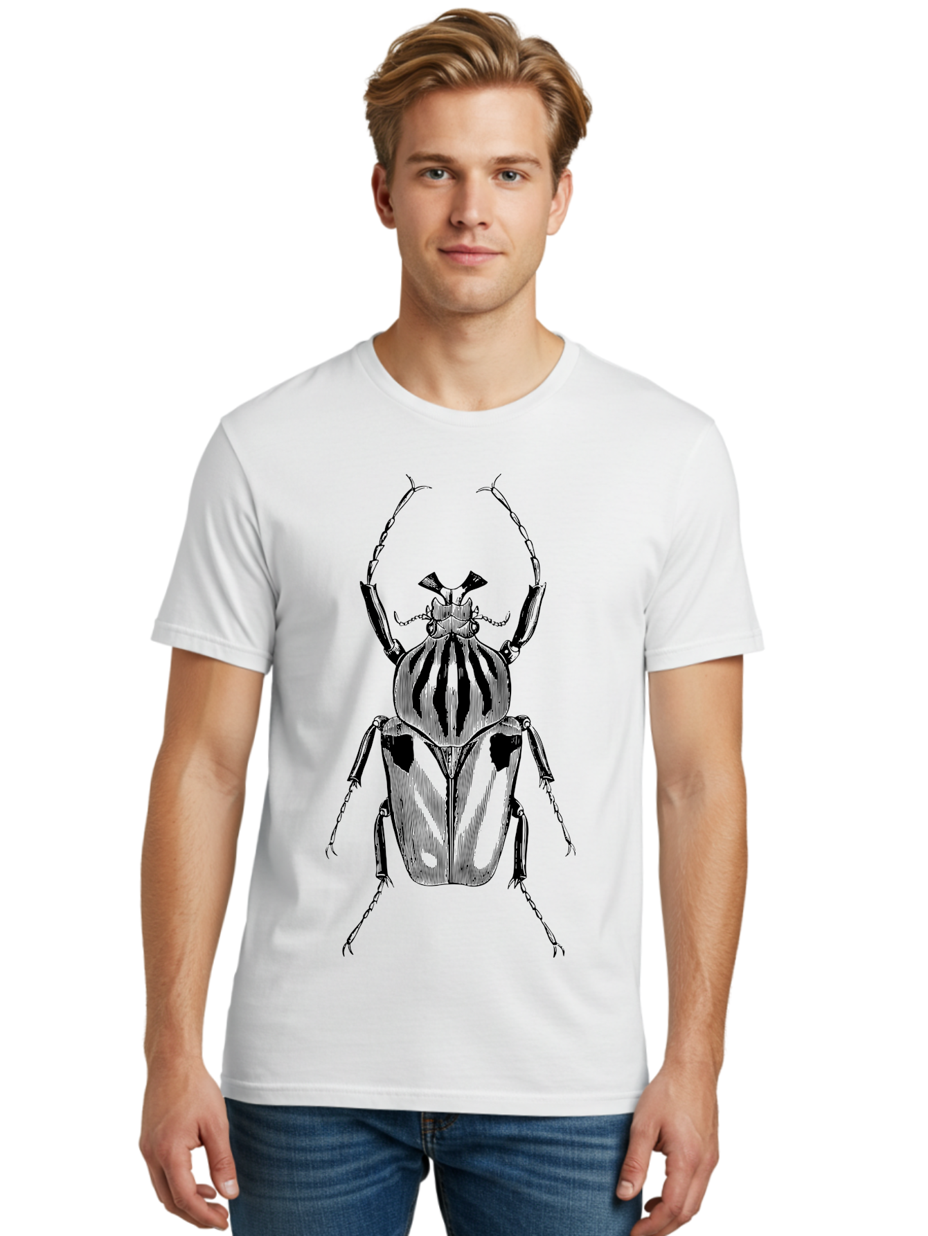 Beetle-Illustration-1 Men'S Graphic Tee, 100% Cotton, Comfortable Casual Summer Wear, Machine Washable, Beetle Illustration, Insect Art, Entomology, Striped Beetle, Black And Green, Detailed Drawing, Wildlife Illustration, Bug Graphics Aab507 30