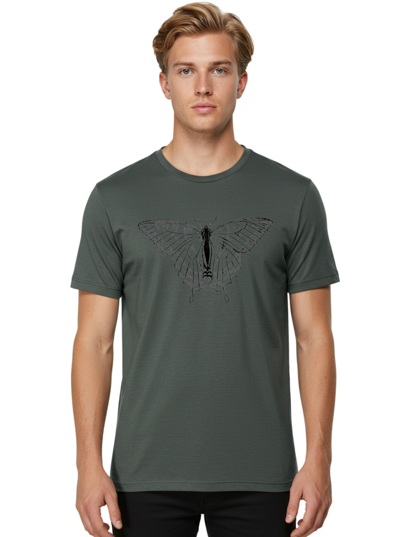 Butterfly-Silhouette Men'S Graphic Tee, 100% Cotton, Comfortable Casual Summer Wear, Machine Washable, Black Butterfly, Transparent Wings, Delicate Pattern, Intricate Design, Wings Spread Wide, Detailed Texture, Fragile Beauty, Insect Art Aab516 26