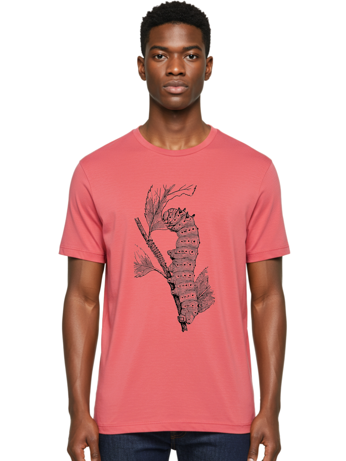 Caterpillar-On-Leaf-1 Men'S Graphic Tee, 100% Cotton, Comfortable Casual Summer Wear, Machine Washable, Caterpillar Eating Leaf, Insect Metamorphosis, Wildlife Illustration, Caterpillar Stage, Leaf Damage, Insect Life Cycle, Garden Pest Aab519 4
