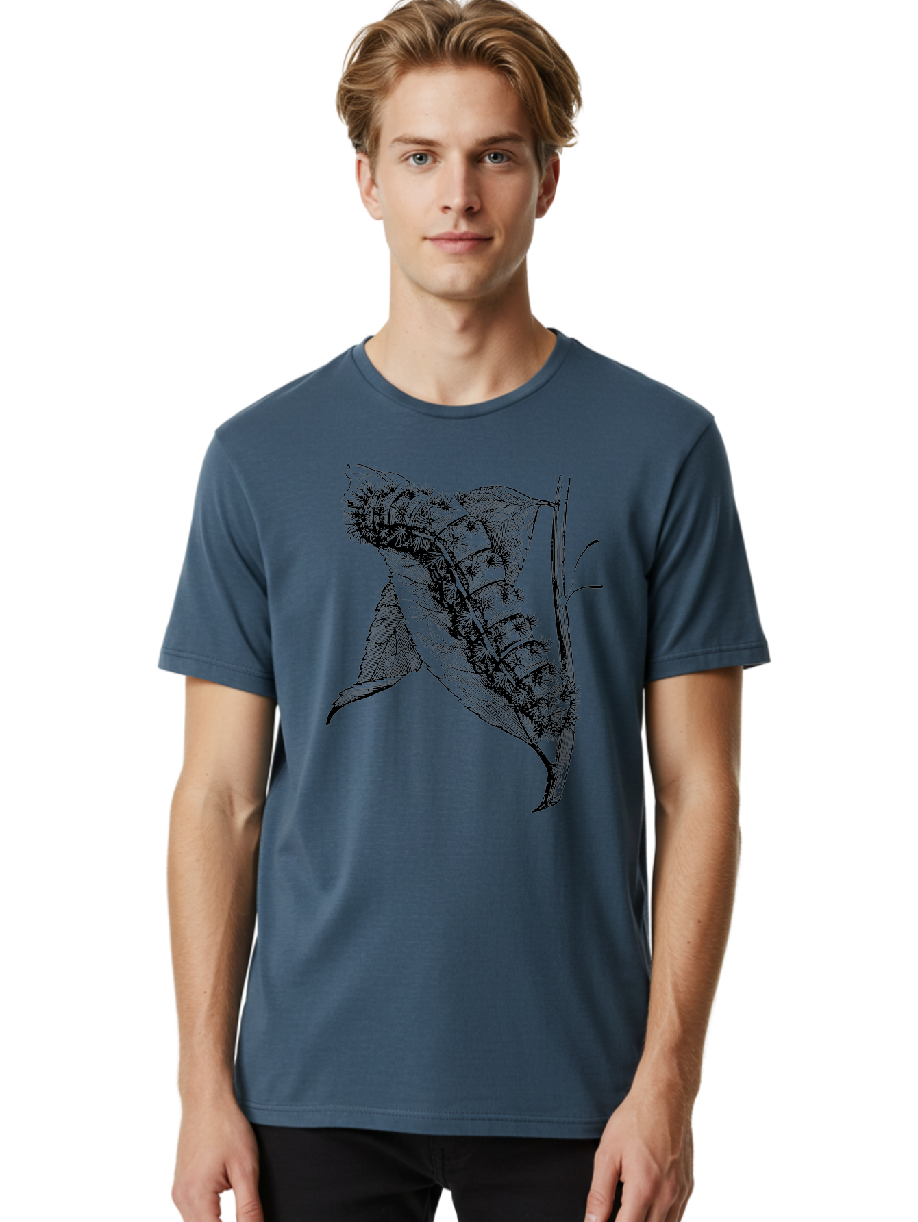 Caterpillar-On-Leaf Men'S Graphic Tee, 100% Cotton, Comfortable Casual Summer Wear, Machine Washable, Caterpillar On A Leaf, Insect Life Cycle, Metamorphosis, Nature Illustration, Botanical Art, Wildlife, Detailed Drawing, Spiky Caterpillar, Aab520 30
