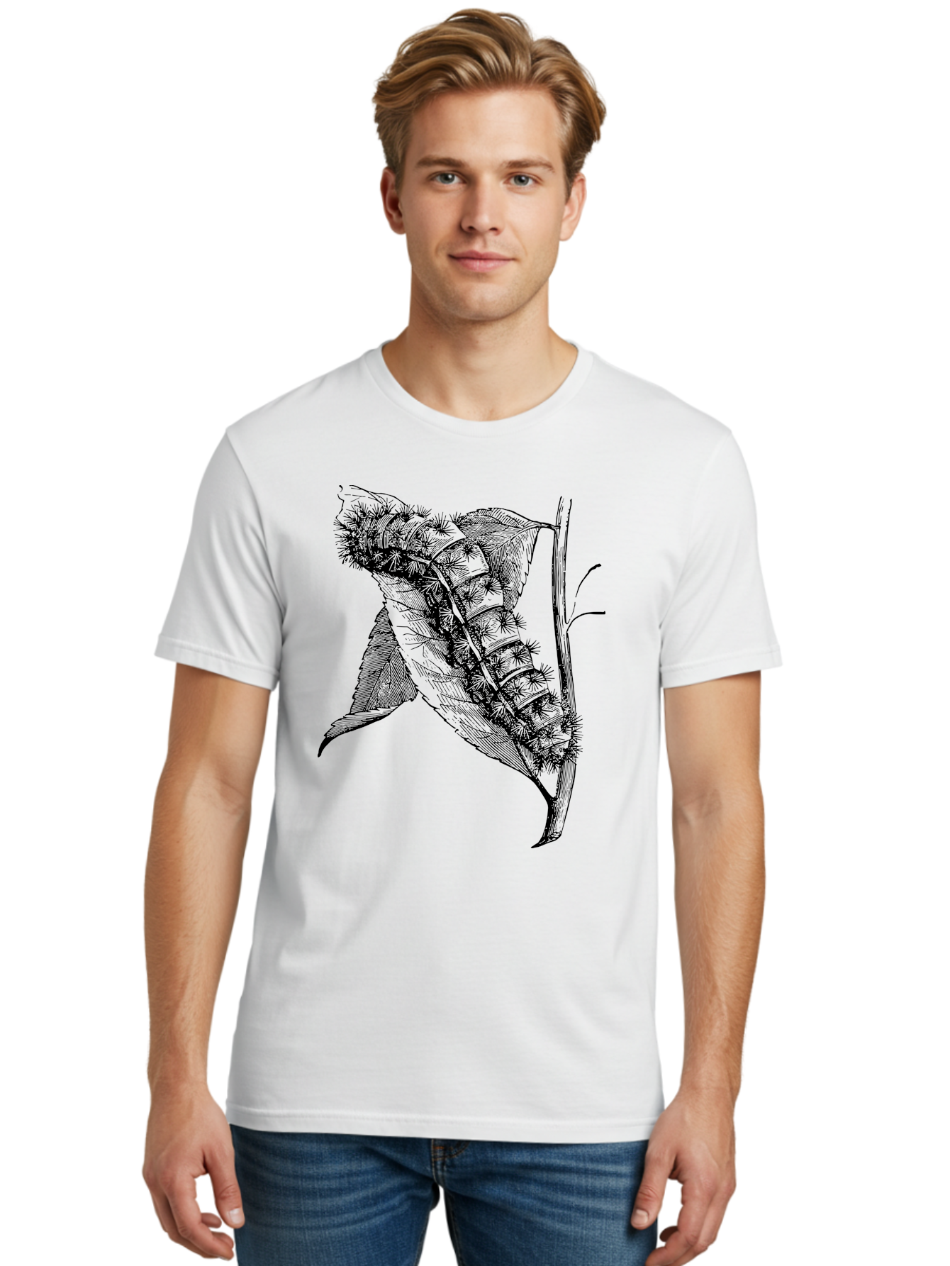Caterpillar-On-Leaf Men'S Graphic Tee, 100% Cotton, Comfortable Casual Summer Wear, Machine Washable, Caterpillar On A Leaf, Insect Life Cycle, Metamorphosis, Nature Illustration, Botanical Art, Wildlife, Detailed Drawing, Spiky Caterpillar, Aab520 14