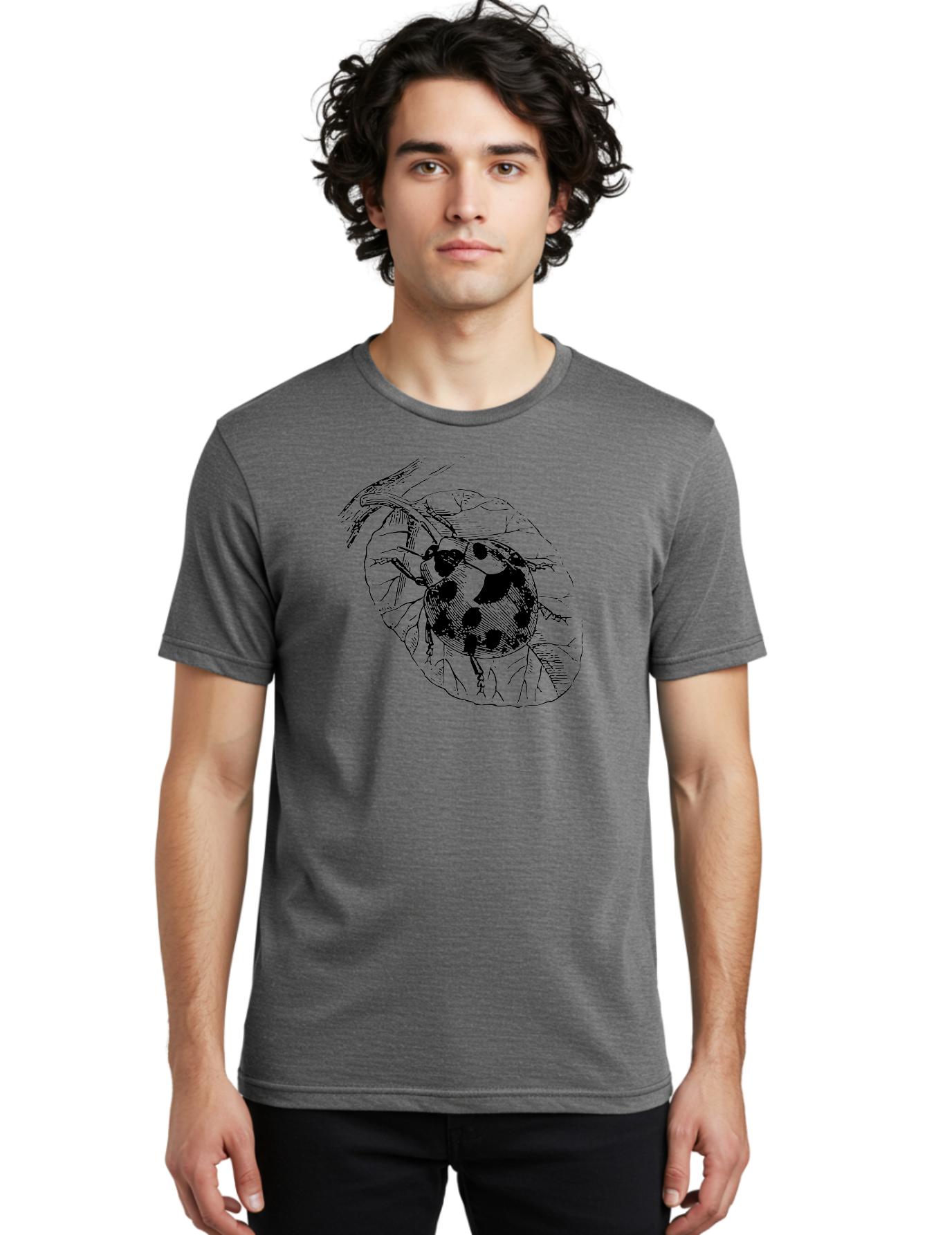Ladybug-On-Leaf Men'S Graphic Tee, 100% Cotton, Comfortable Casual Summer Wear, Machine Washable, Ladybug On A Leaf, Black And White Illustration, Lady Beetle, Garden Insect, Sketch Art, Wildlife Illustration, Beetle On Foliage Aab541 10