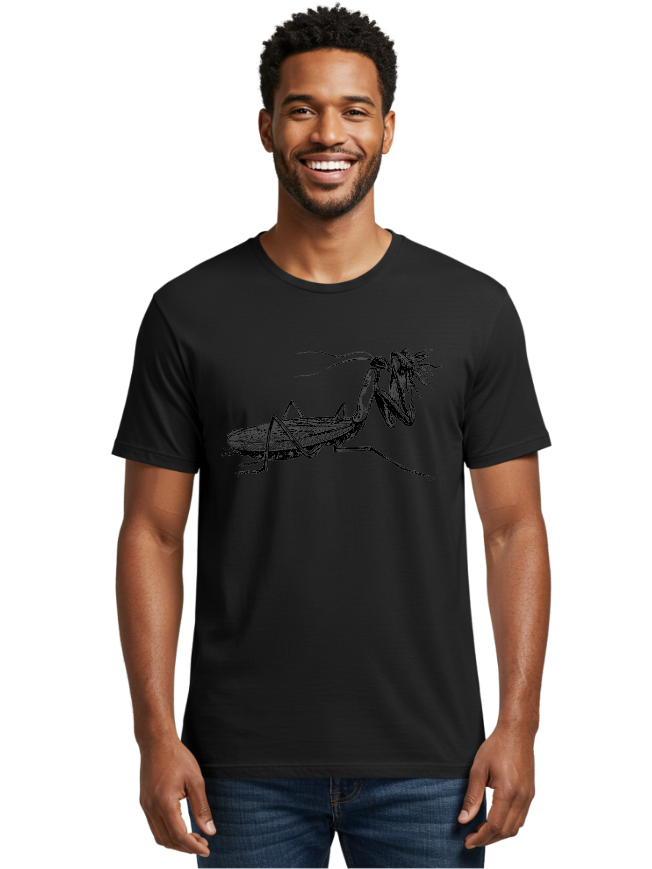 Mantis-Eating-Fly Men'S Graphic Tee, 100% Cotton, Comfortable Casual Summer Wear, Machine Washable, Praying Mantis Eating A Fly, Insect Predator, Detailed Illustration, Black And Green, Entomology Art, Wildlife Photography, Insect Behavior Aab544 2