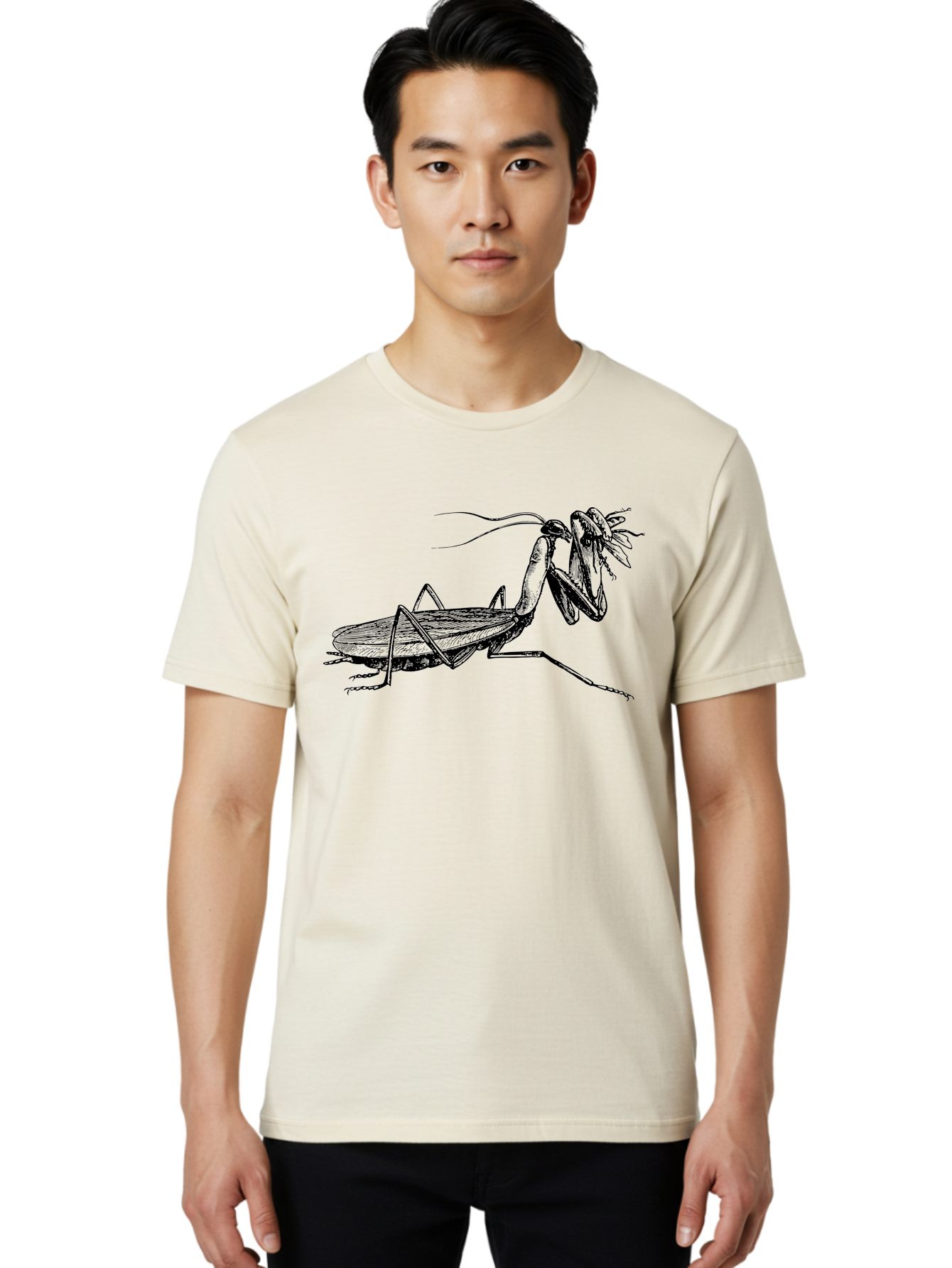 Mantis-Eating-Fly Men'S Graphic Tee, 100% Cotton, Comfortable Casual Summer Wear, Machine Washable, Praying Mantis Eating A Fly, Insect Predator, Detailed Illustration, Black And Green, Entomology Art, Wildlife Photography, Insect Behavior Aab544 18