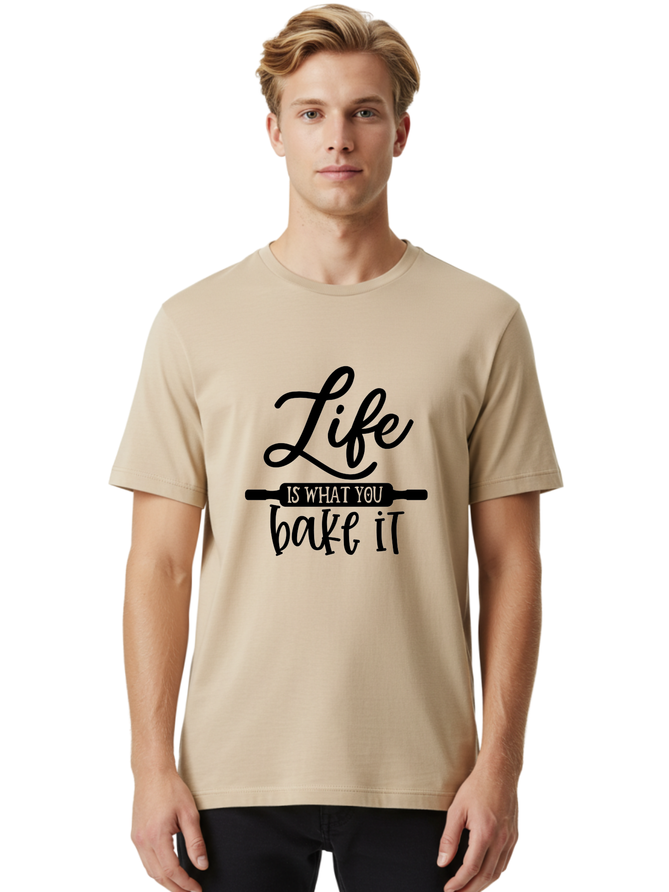 Life-Is-What-You-Bake-It Men'S Graphic Tee, 100% Cotton, Comfortable Casual Summer Wear, Machine Washable, Inspirational Quote, Baking Inspiration, Motivational Phrases, Positive Affirmations, Kitchen Decor, Baking Quotes, Rolling Pin Design Aab585 28