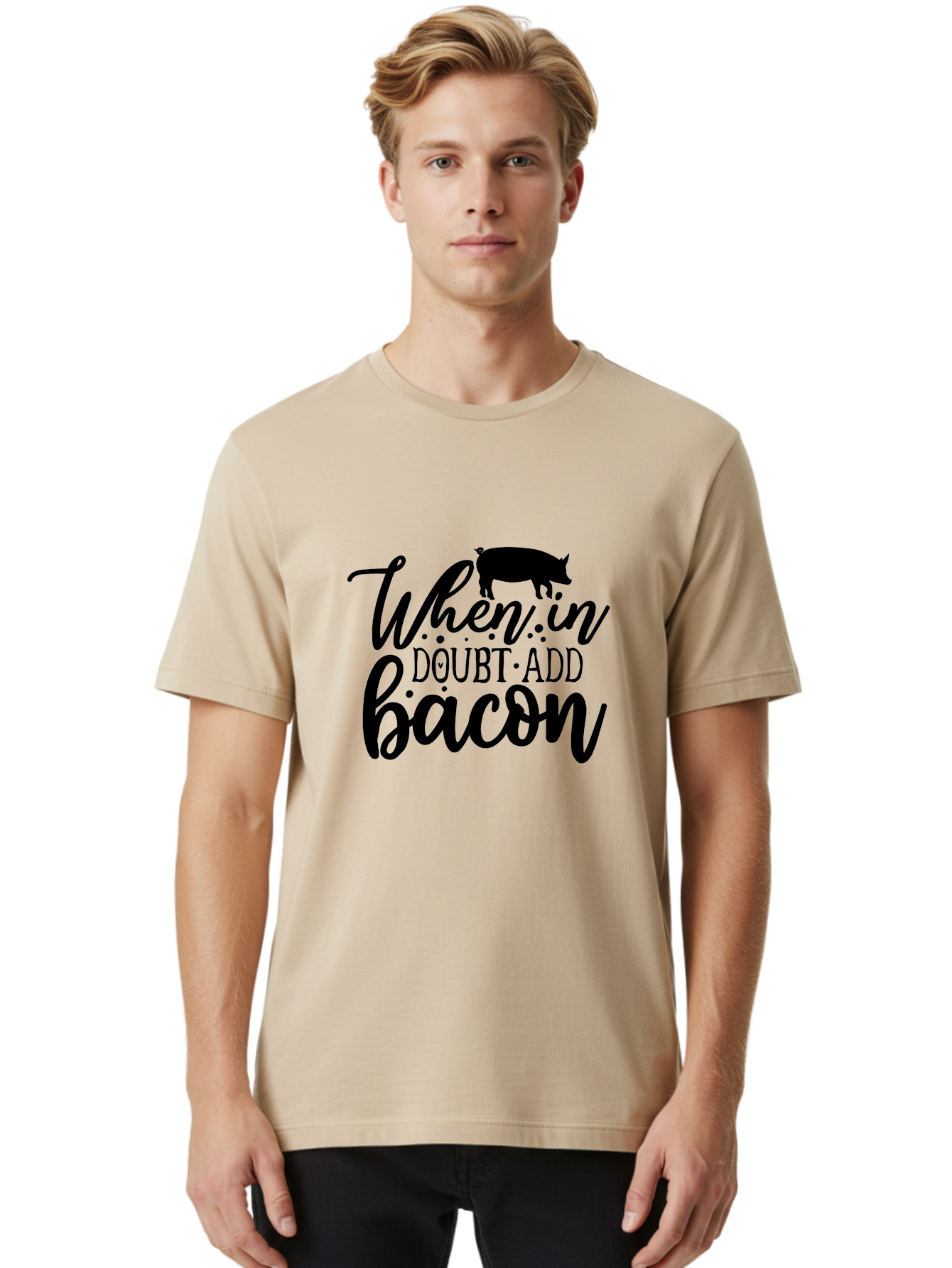 When-In-Doubt-Add-Bacon Men'S Graphic Tee, 100% Cotton, Comfortable Casual Summer Wear, Machine Washable, Funny Quote, Bacon Slogan, Food Humor, Quote Graphics, Pig Silhouette, Kitchen Decor, Funny Kitchen Sayings, Bacon Lover Gifts Aab594 26