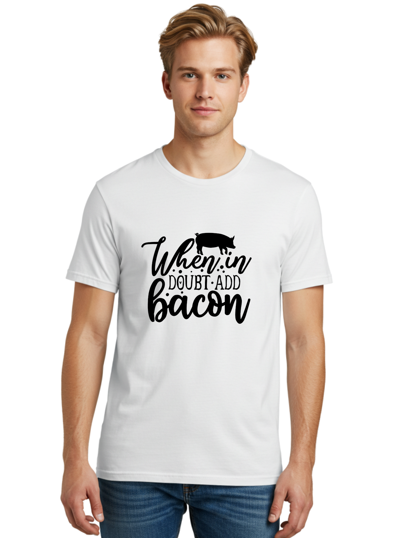 When-In-Doubt-Add-Bacon Men'S Graphic Tee, 100% Cotton, Comfortable Casual Summer Wear, Machine Washable, Funny Quote, Bacon Slogan, Food Humor, Quote Graphics, Pig Silhouette, Kitchen Decor, Funny Kitchen Sayings, Bacon Lover Gifts Aab594 28