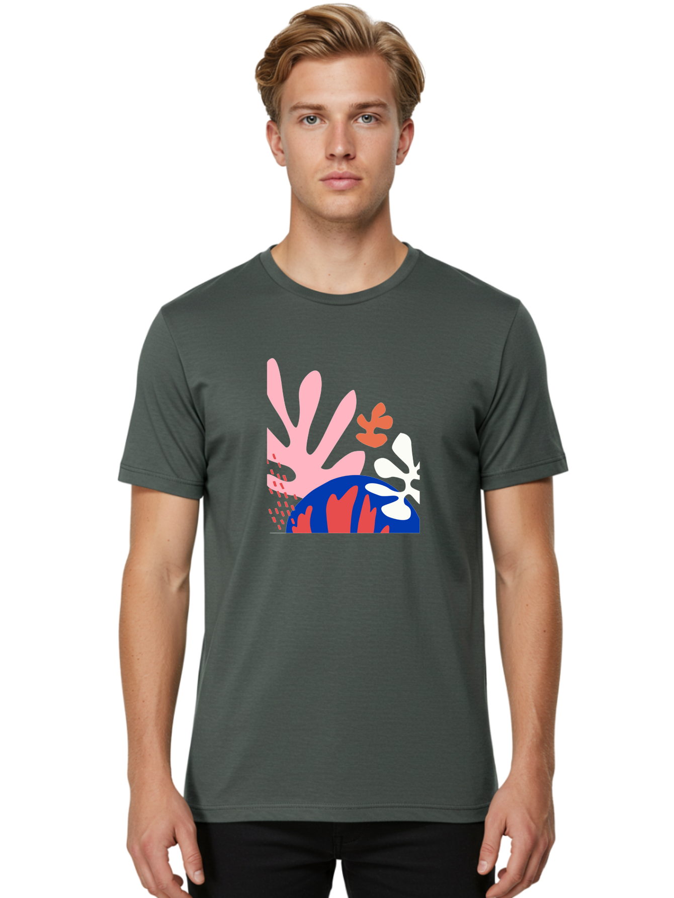 Abstract-Art Men'S Graphic Tee, 100% Cotton, Comfortable Casual Summer Wear, Machine Washable, Abstract Floral Design, Vibrant Colors, Playful Patterns, Blue And Red Globe, Pink Background, Yellow Rectangle, Modern Art, Creative Graphic Aab600 2