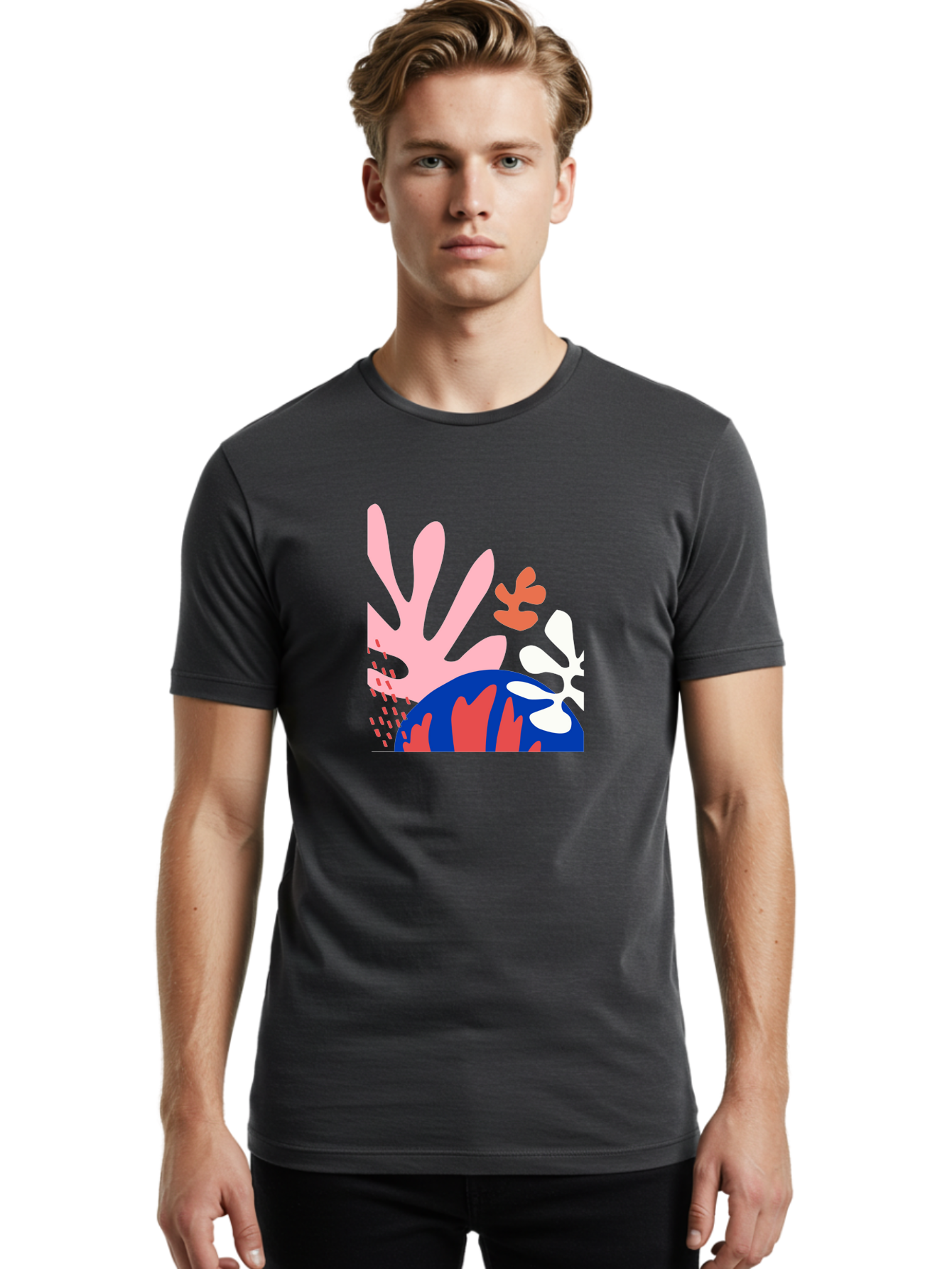 Abstract-Art Men'S Graphic Tee, 100% Cotton, Comfortable Casual Summer Wear, Machine Washable, Abstract Floral Design, Vibrant Colors, Playful Patterns, Blue And Red Globe, Pink Background, Yellow Rectangle, Modern Art, Creative Graphic Aab600 24