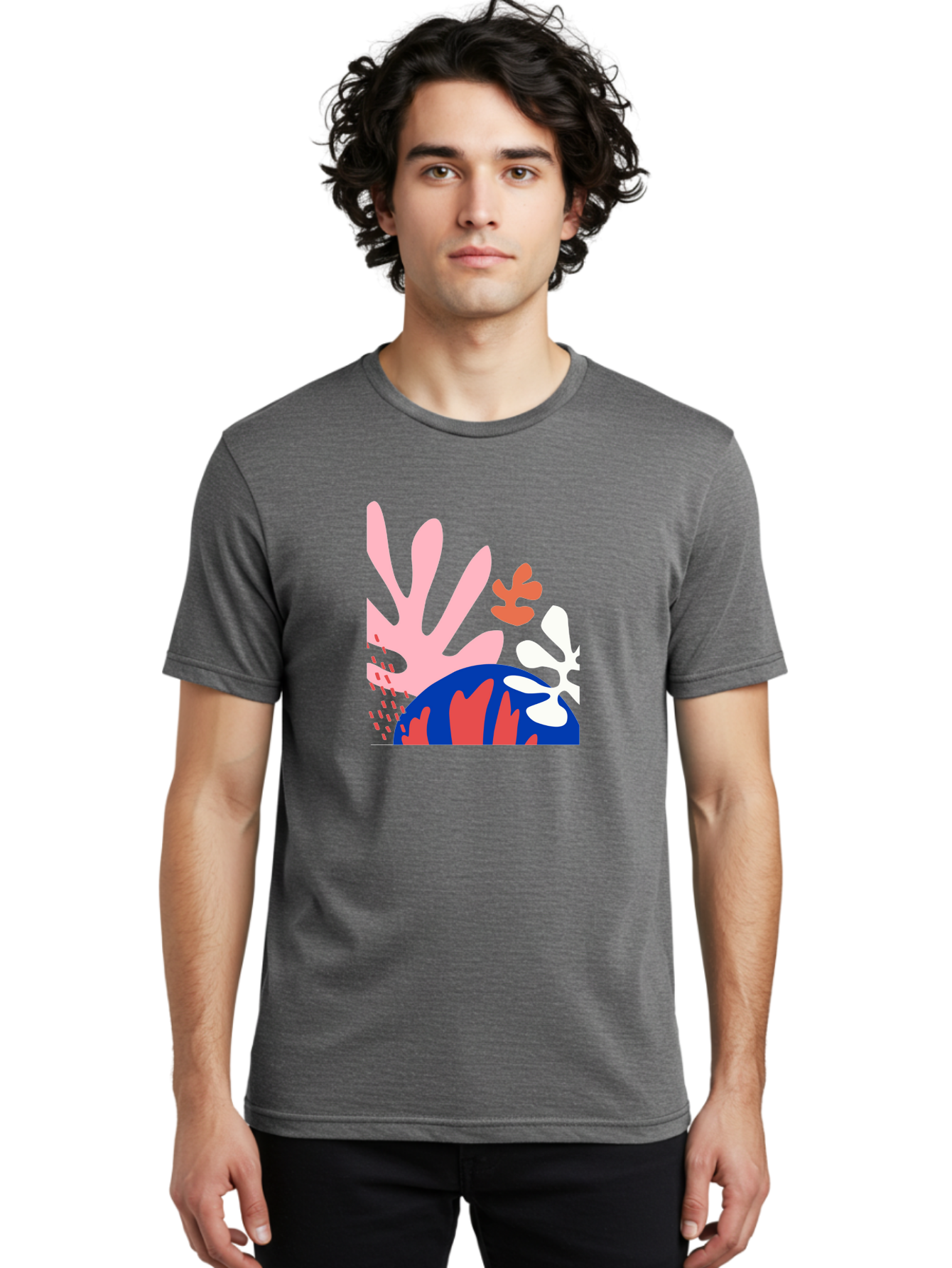 Abstract-Art Men'S Graphic Tee, 100% Cotton, Comfortable Casual Summer Wear, Machine Washable, Abstract Floral Design, Vibrant Colors, Playful Patterns, Blue And Red Globe, Pink Background, Yellow Rectangle, Modern Art, Creative Graphic Aab600 26