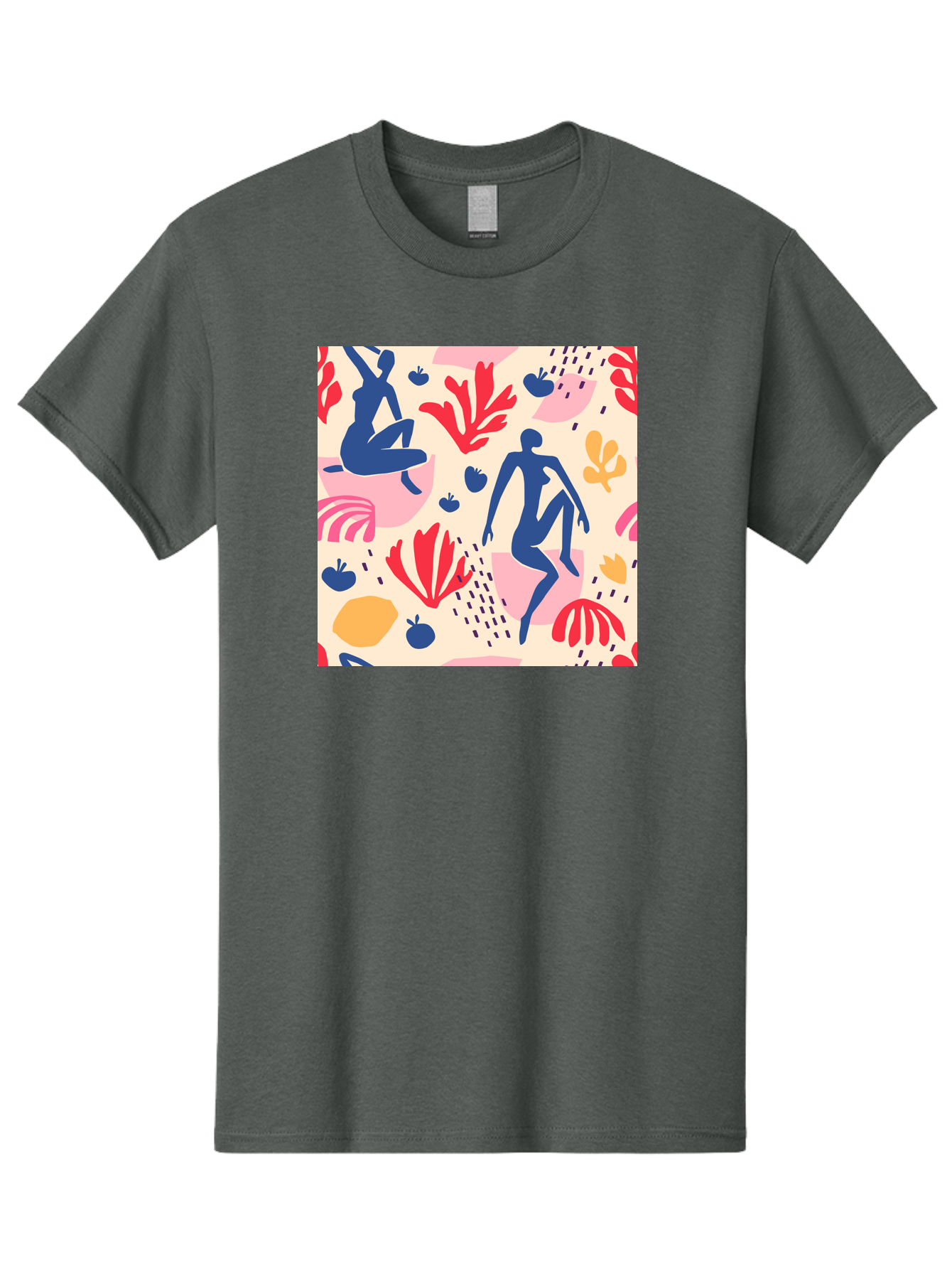 Abstract-Figures Men'S Graphic Tee, 100% Cotton, Comfortable Casual Summer Wear, Machine Washable, Blue Silhouettes Dancing, Abstract Floral Pattern, Vibrant Colors, Dynamic Movement, Playful Atmosphere, Modern Art, Colorful Design, Aab601 1