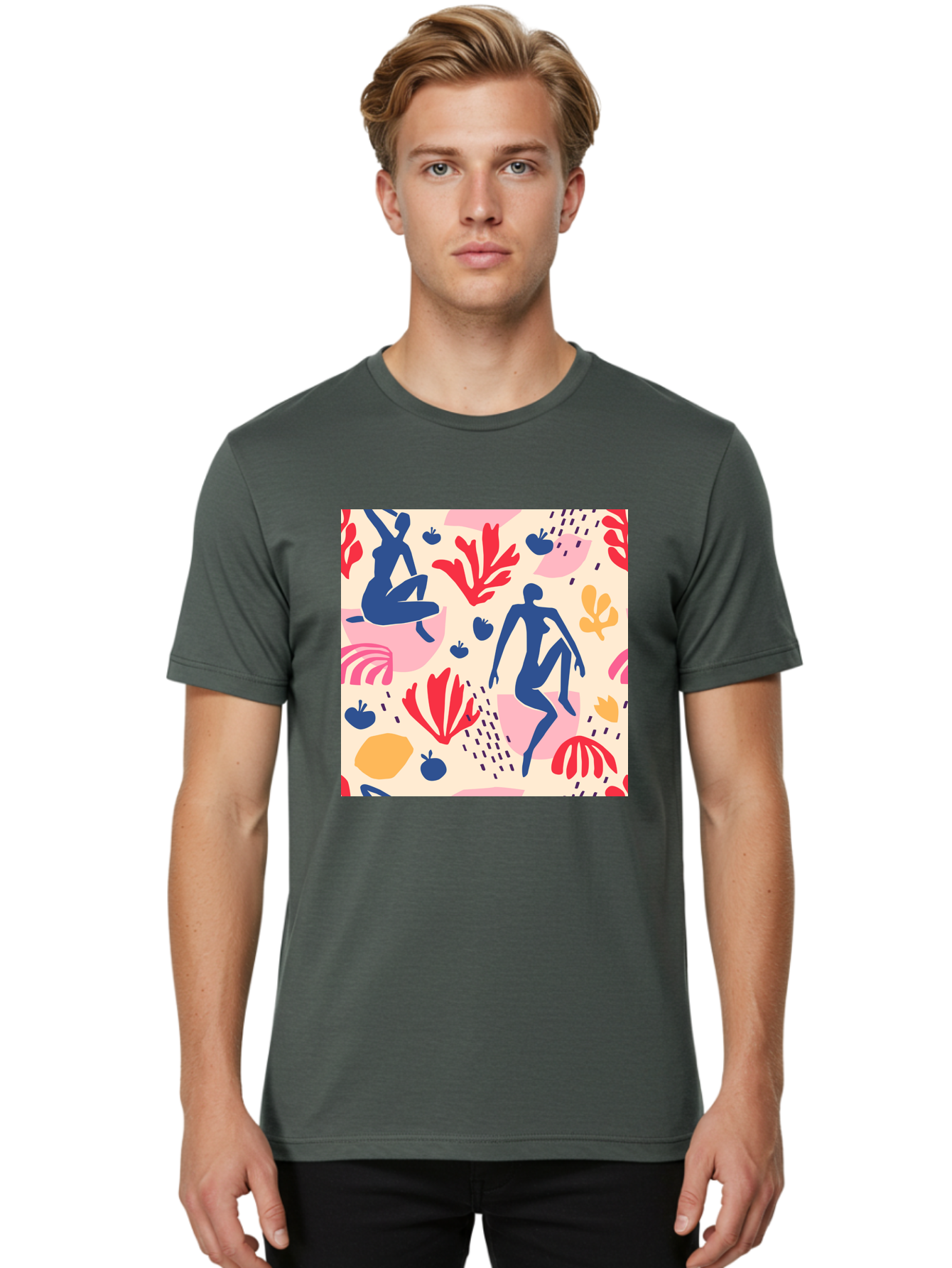 Abstract-Figures Men'S Graphic Tee, 100% Cotton, Comfortable Casual Summer Wear, Machine Washable, Blue Silhouettes Dancing, Abstract Floral Pattern, Vibrant Colors, Dynamic Movement, Playful Atmosphere, Modern Art, Colorful Design, Aab601 2