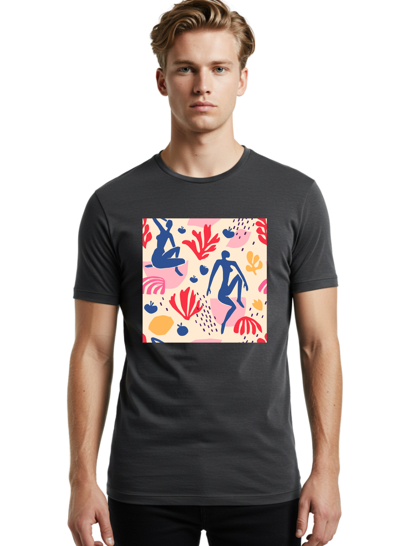 Abstract-Figures Men'S Graphic Tee, 100% Cotton, Comfortable Casual Summer Wear, Machine Washable, Blue Silhouettes Dancing, Abstract Floral Pattern, Vibrant Colors, Dynamic Movement, Playful Atmosphere, Modern Art, Colorful Design, Aab601 8