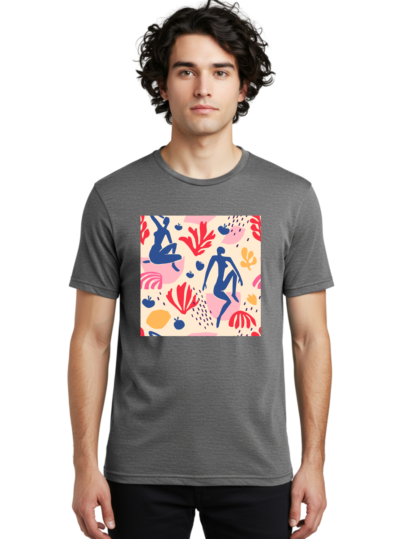 Abstract-Figures Men'S Graphic Tee, 100% Cotton, Comfortable Casual Summer Wear, Machine Washable, Blue Silhouettes Dancing, Abstract Floral Pattern, Vibrant Colors, Dynamic Movement, Playful Atmosphere, Modern Art, Colorful Design, Aab601 6