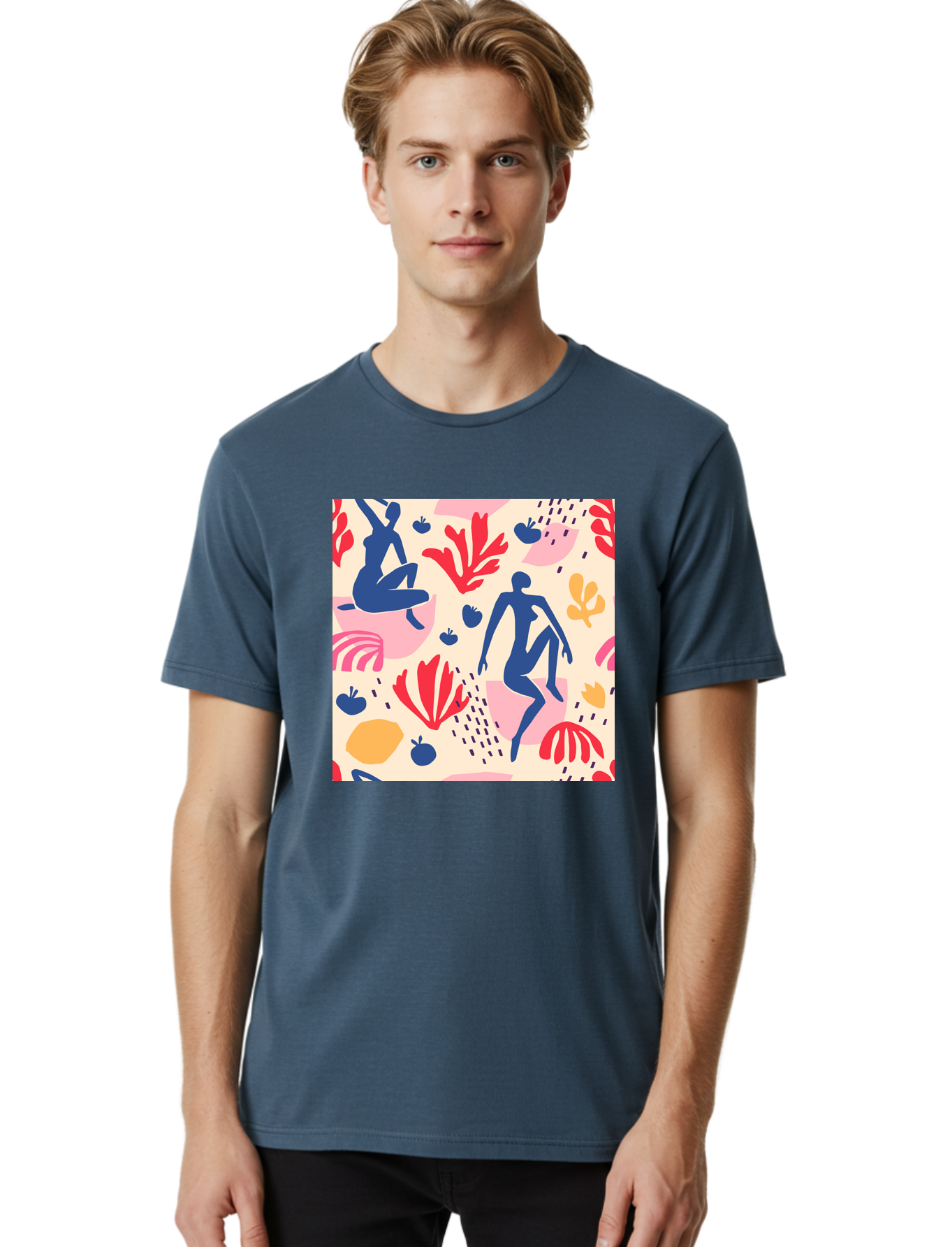 Abstract-Figures Men'S Graphic Tee, 100% Cotton, Comfortable Casual Summer Wear, Machine Washable, Blue Silhouettes Dancing, Abstract Floral Pattern, Vibrant Colors, Dynamic Movement, Playful Atmosphere, Modern Art, Colorful Design, Aab601 14