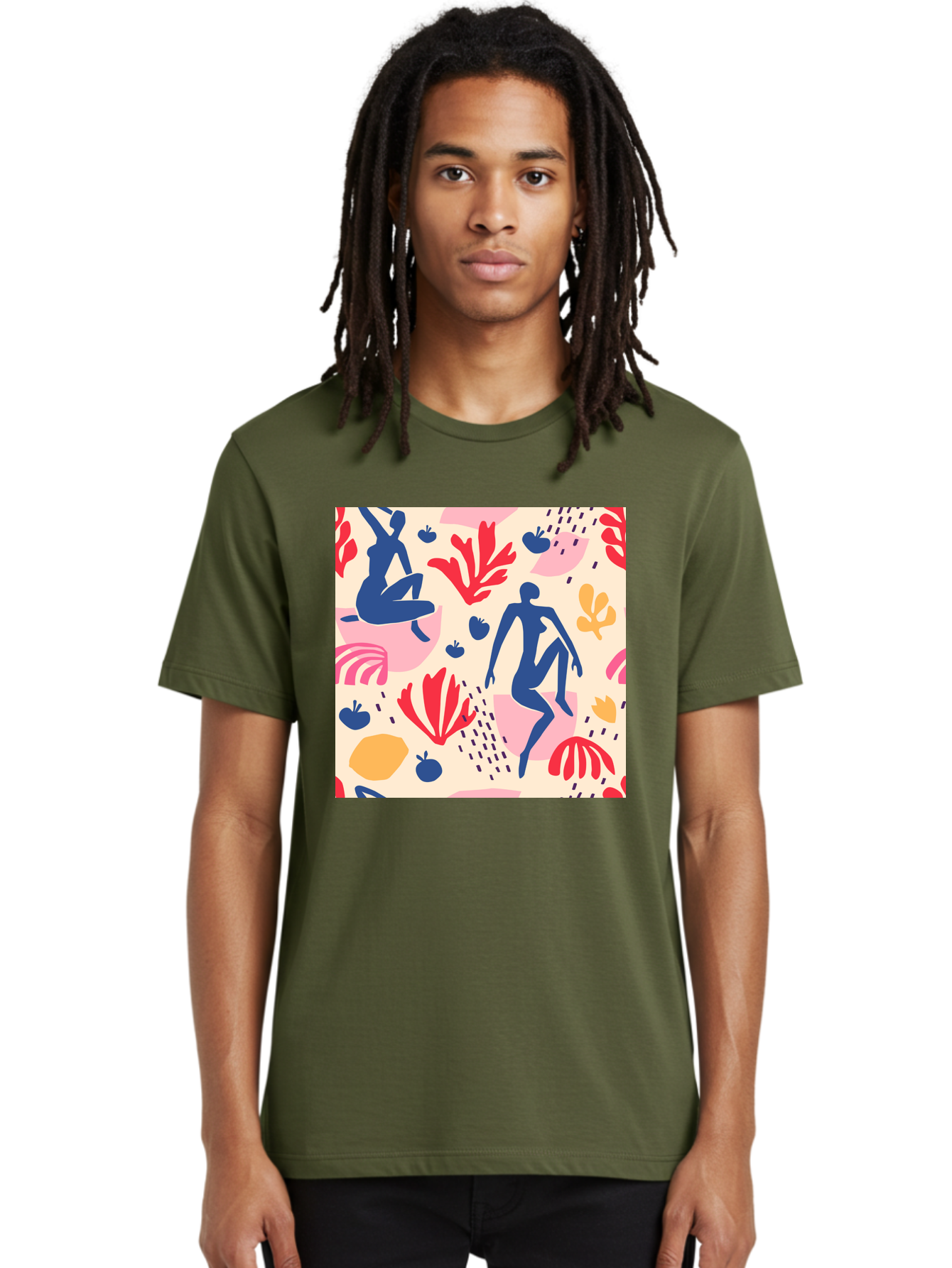 Abstract-Figures Men'S Graphic Tee, 100% Cotton, Comfortable Casual Summer Wear, Machine Washable, Blue Silhouettes Dancing, Abstract Floral Pattern, Vibrant Colors, Dynamic Movement, Playful Atmosphere, Modern Art, Colorful Design, Aab601 30