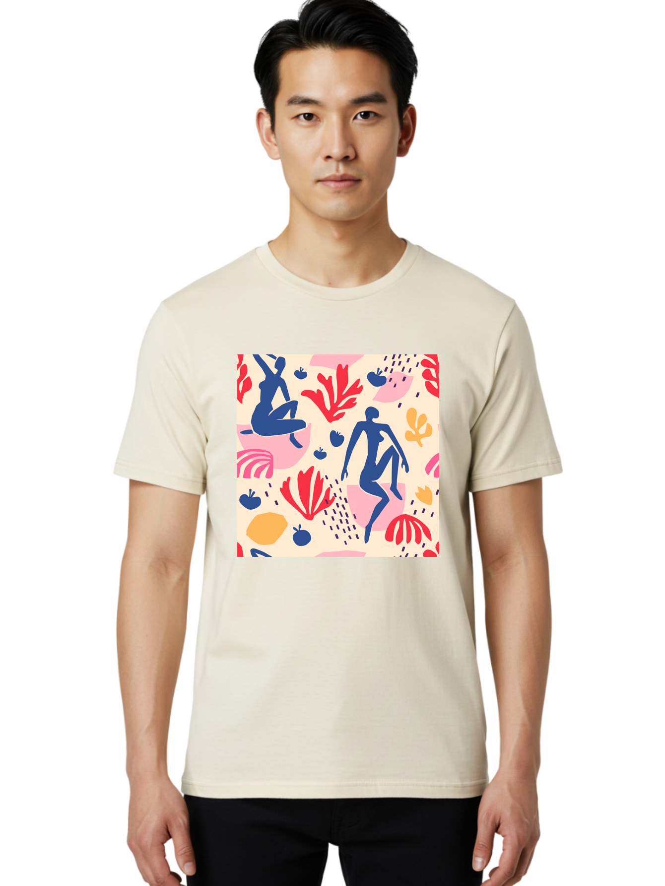 Abstract-Figures Men'S Graphic Tee, 100% Cotton, Comfortable Casual Summer Wear, Machine Washable, Blue Silhouettes Dancing, Abstract Floral Pattern, Vibrant Colors, Dynamic Movement, Playful Atmosphere, Modern Art, Colorful Design, Aab601 28