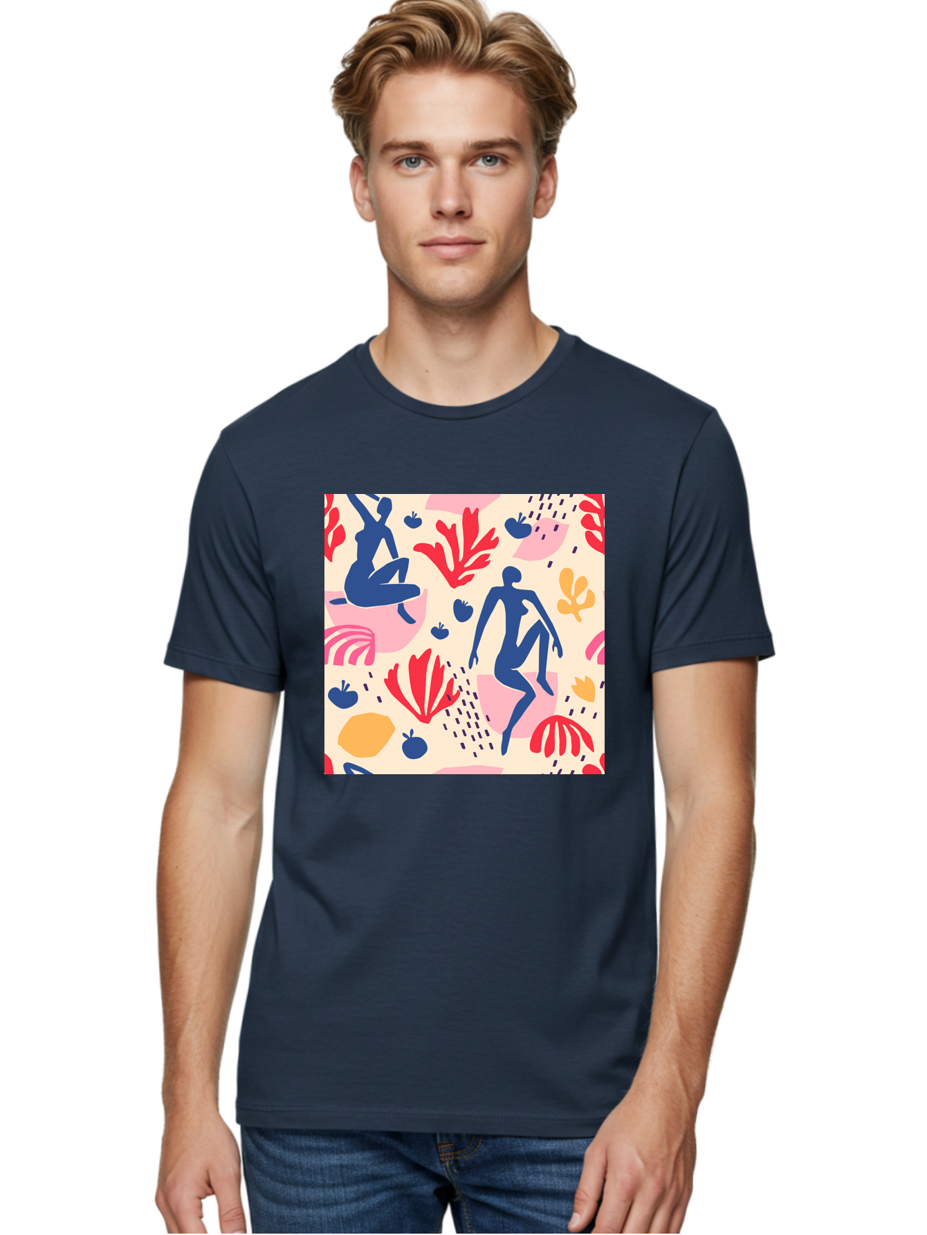 Abstract-Figures Men'S Graphic Tee, 100% Cotton, Comfortable Casual Summer Wear, Machine Washable, Blue Silhouettes Dancing, Abstract Floral Pattern, Vibrant Colors, Dynamic Movement, Playful Atmosphere, Modern Art, Colorful Design, Aab601 18