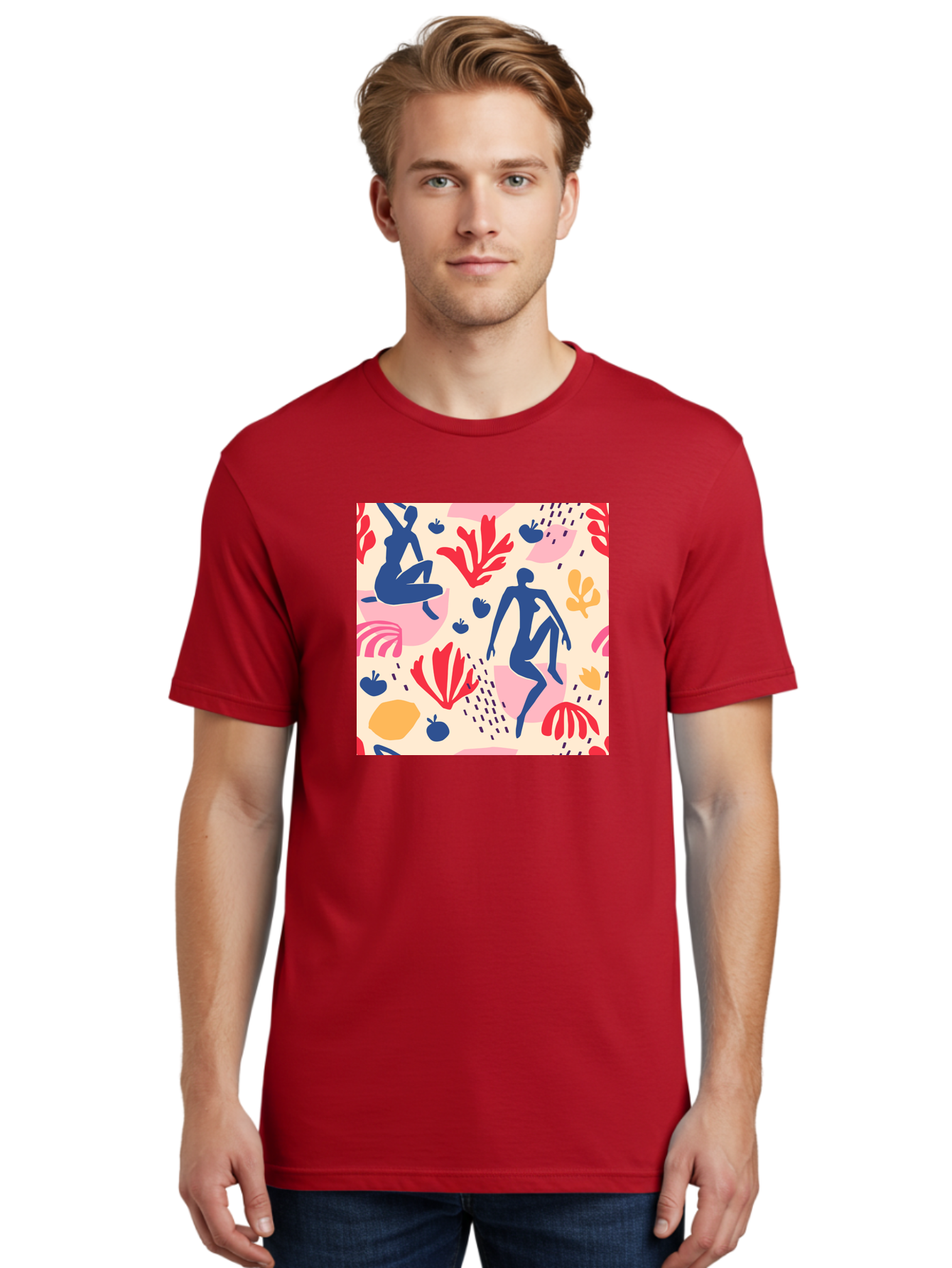 Abstract-Figures Men'S Graphic Tee, 100% Cotton, Comfortable Casual Summer Wear, Machine Washable, Blue Silhouettes Dancing, Abstract Floral Pattern, Vibrant Colors, Dynamic Movement, Playful Atmosphere, Modern Art, Colorful Design, Aab601 4
