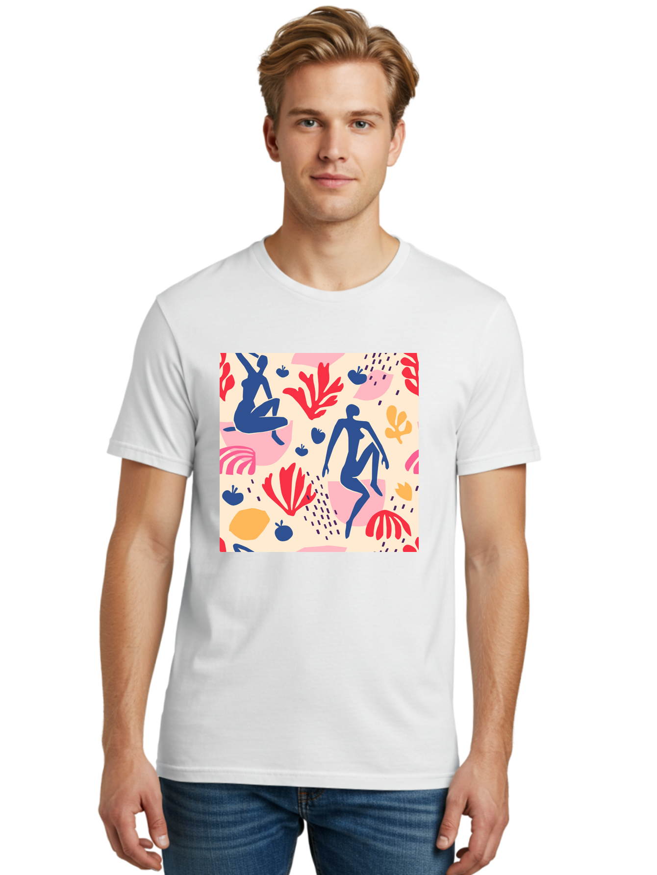 Abstract-Figures Men'S Graphic Tee, 100% Cotton, Comfortable Casual Summer Wear, Machine Washable, Blue Silhouettes Dancing, Abstract Floral Pattern, Vibrant Colors, Dynamic Movement, Playful Atmosphere, Modern Art, Colorful Design, Aab601 26