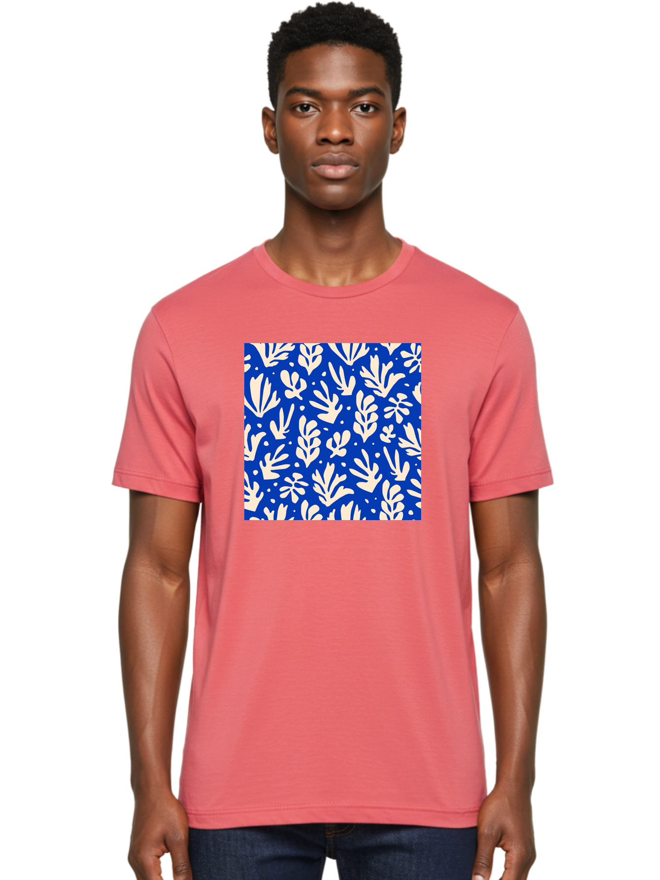 Blue-Floral-Pattern Men'S Graphic Tee, 100% Cotton, Comfortable Casual Summer Wear, Machine Washable, Floral Pattern, Leaf Design, Botanical Elements, Blue Background, Cream-Colored Flowers, Abstract Foliage, Repeating Design, Aab605 14