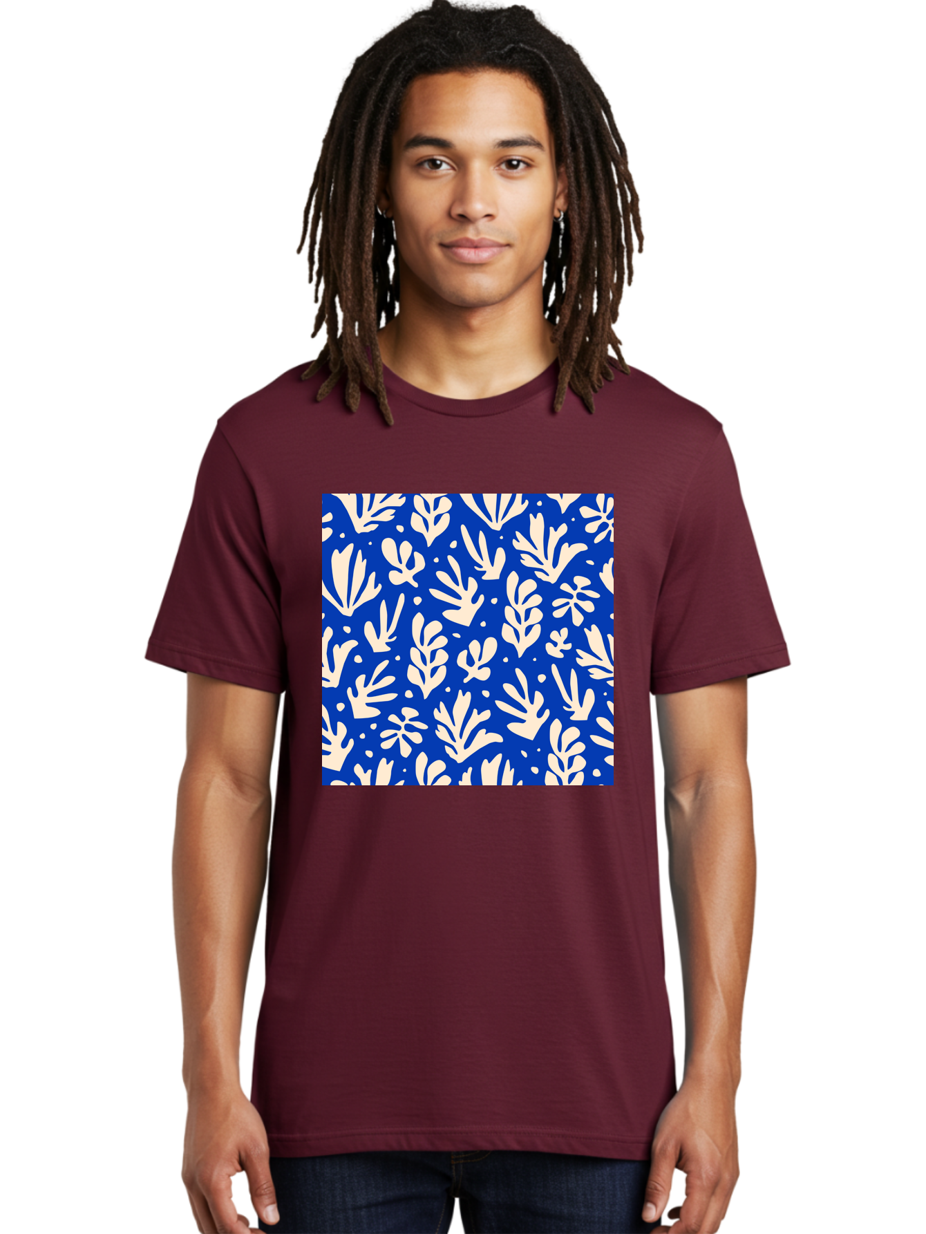 Blue-Floral-Pattern Men'S Graphic Tee, 100% Cotton, Comfortable Casual Summer Wear, Machine Washable, Floral Pattern, Leaf Design, Botanical Elements, Blue Background, Cream-Colored Flowers, Abstract Foliage, Repeating Design, Aab605 22
