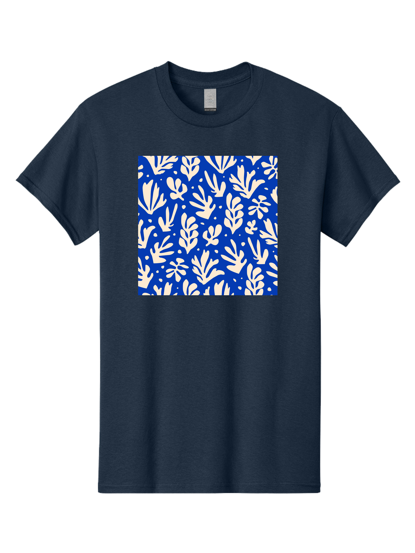 Blue-Floral-Pattern Men'S Graphic Tee, 100% Cotton, Comfortable Casual Summer Wear, Machine Washable, Floral Pattern, Leaf Design, Botanical Elements, Blue Background, Cream-Colored Flowers, Abstract Foliage, Repeating Design, Aab605 29