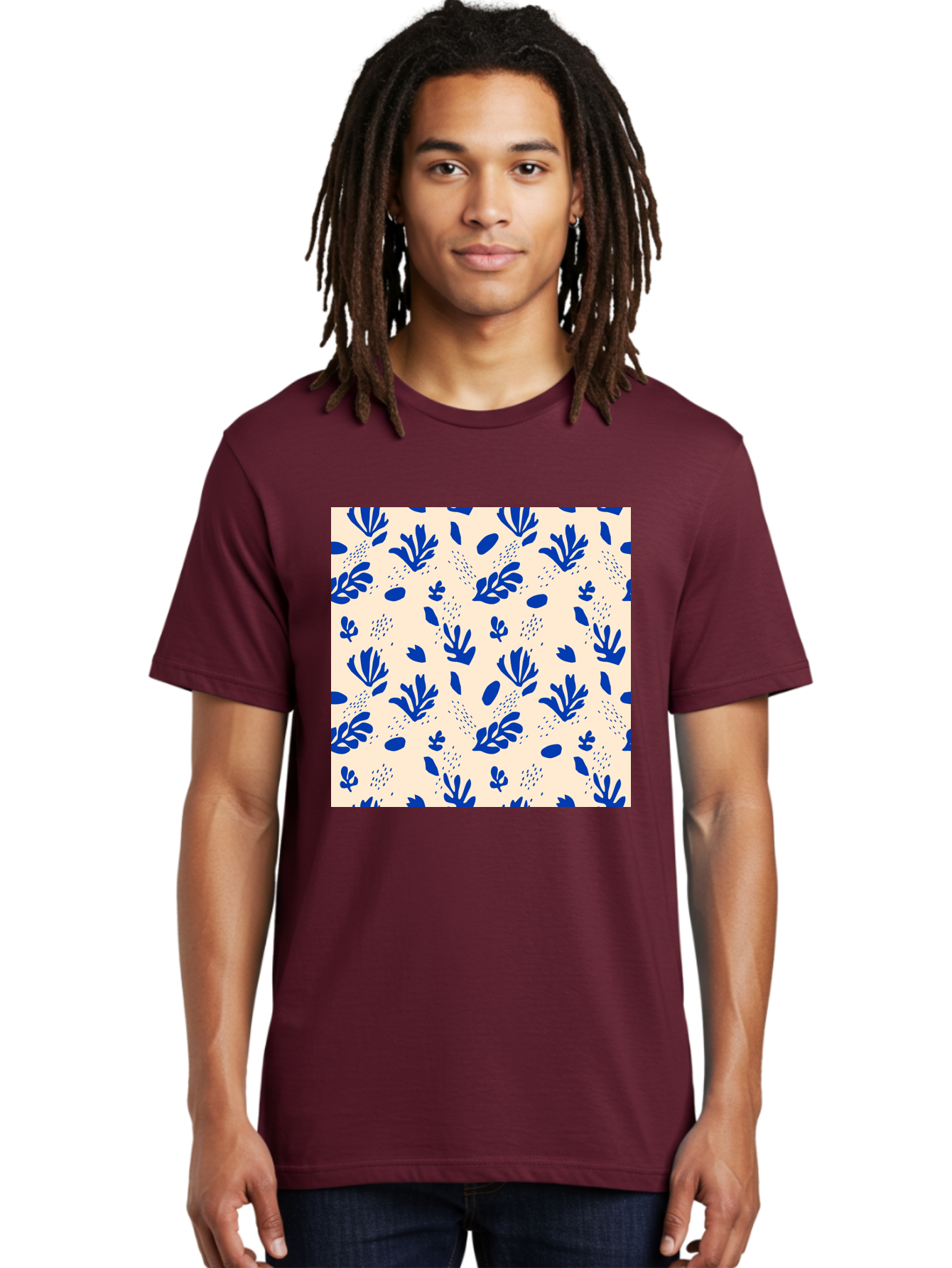 Blue-Florals Men'S Graphic Tee, 100% Cotton, Comfortable Casual Summer Wear, Machine Washable, Blue Flowers, Floral Pattern, Abstract Design, Minimalist Style, Botanical Elements, Decorative Motifs, Cream Background, Hand Drawn, Aab606 30