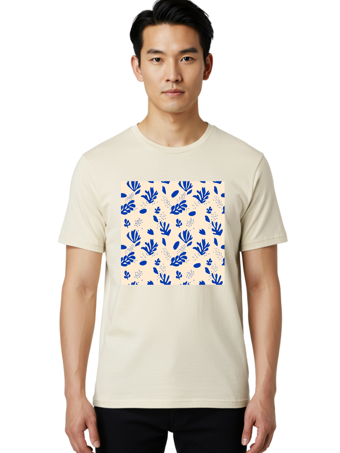 Blue-Florals Men'S Graphic Tee, 100% Cotton, Comfortable Casual Summer Wear, Machine Washable, Blue Flowers, Floral Pattern, Abstract Design, Minimalist Style, Botanical Elements, Decorative Motifs, Cream Background, Hand Drawn, Aab606 24
