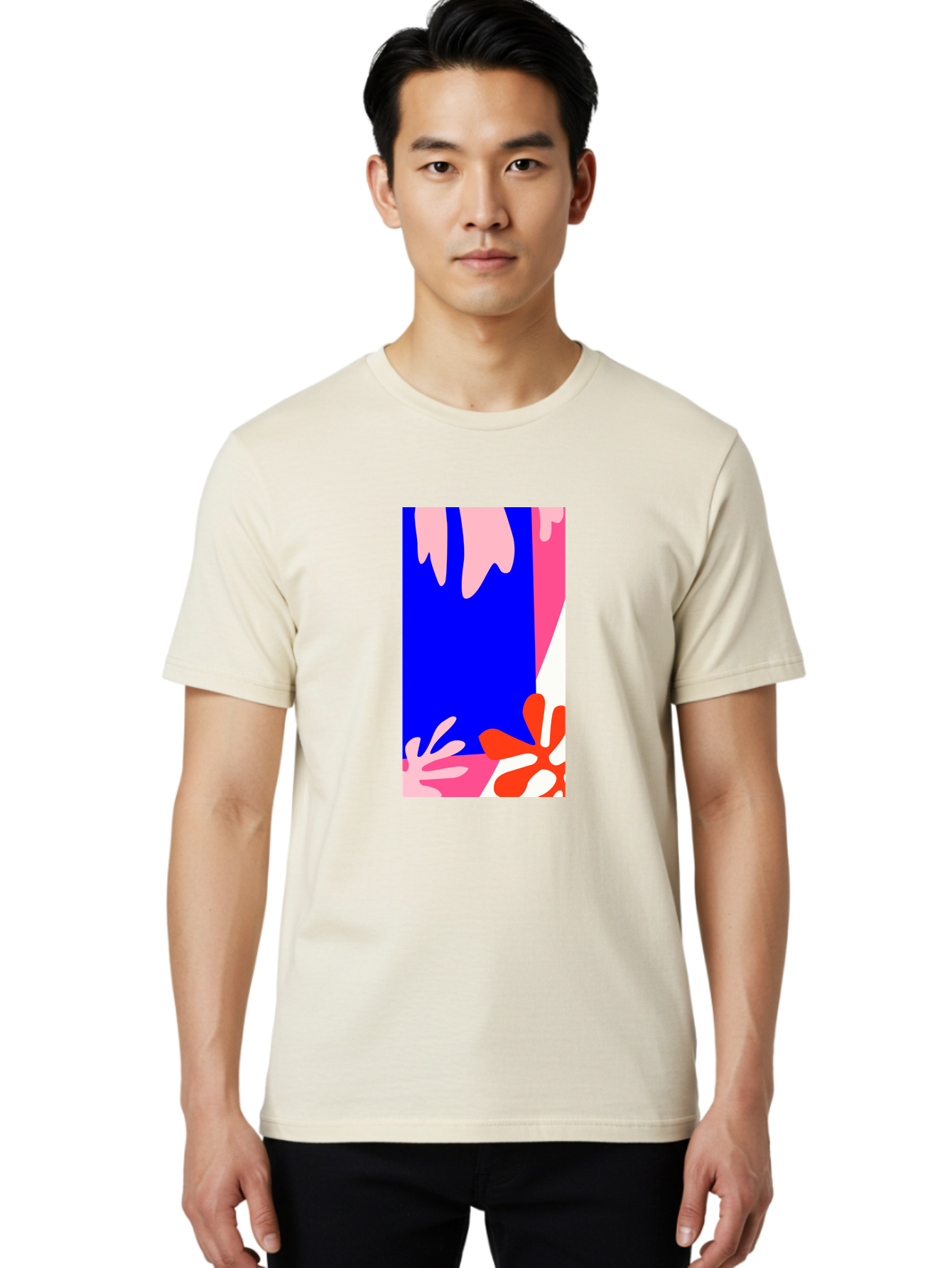 Blue-Strip Men'S Graphic Tee, 100% Cotton, Comfortable Casual Summer Wear, Machine Washable, Abstract Floral Pattern, Vibrant Colors, Blue Background, Pink And Red Flowers, Artistic Design, Modern Art, Colorful Illustration, Floral Motif Aab607 24