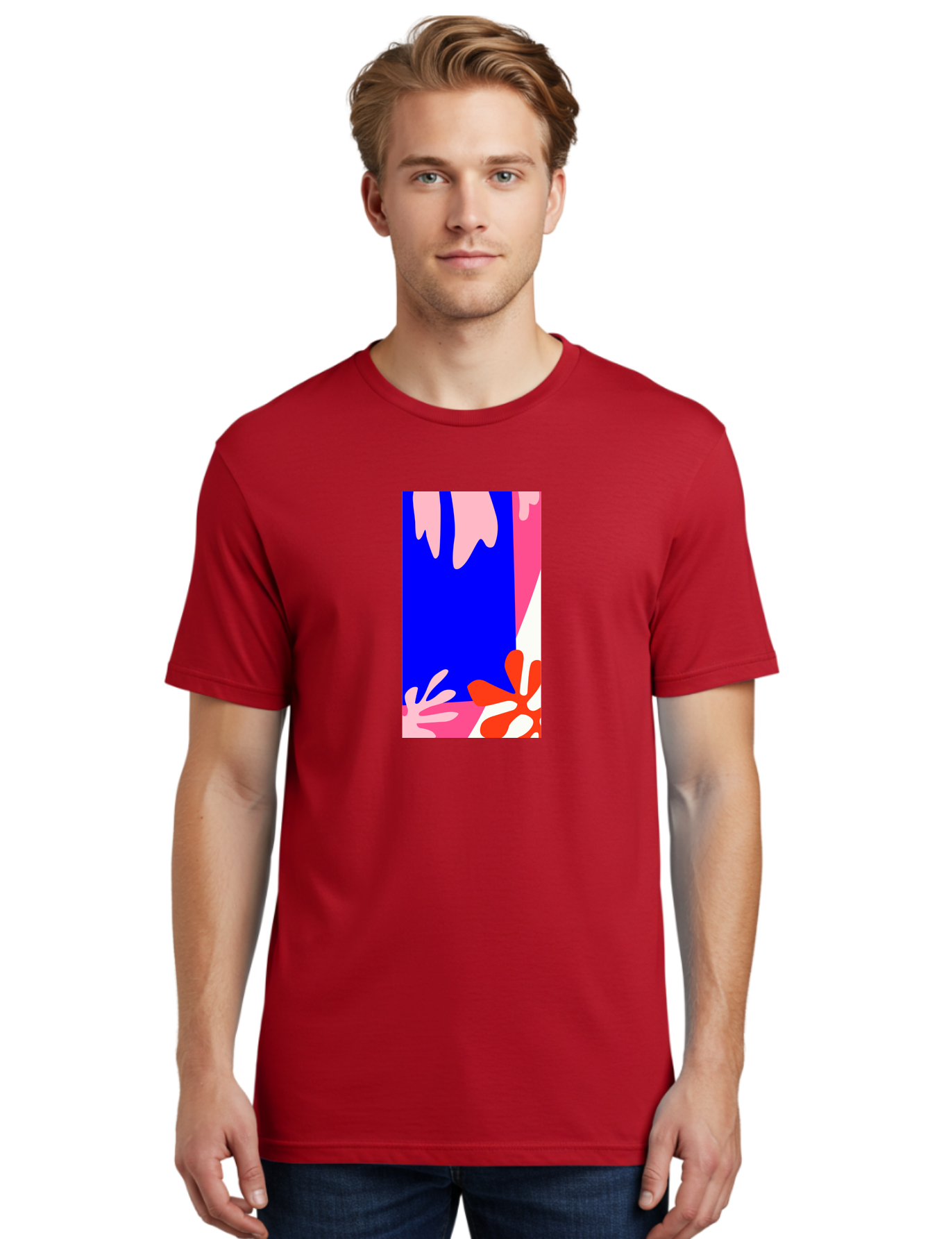 Blue-Strip Men'S Graphic Tee, 100% Cotton, Comfortable Casual Summer Wear, Machine Washable, Abstract Floral Pattern, Vibrant Colors, Blue Background, Pink And Red Flowers, Artistic Design, Modern Art, Colorful Illustration, Floral Motif Aab607 6