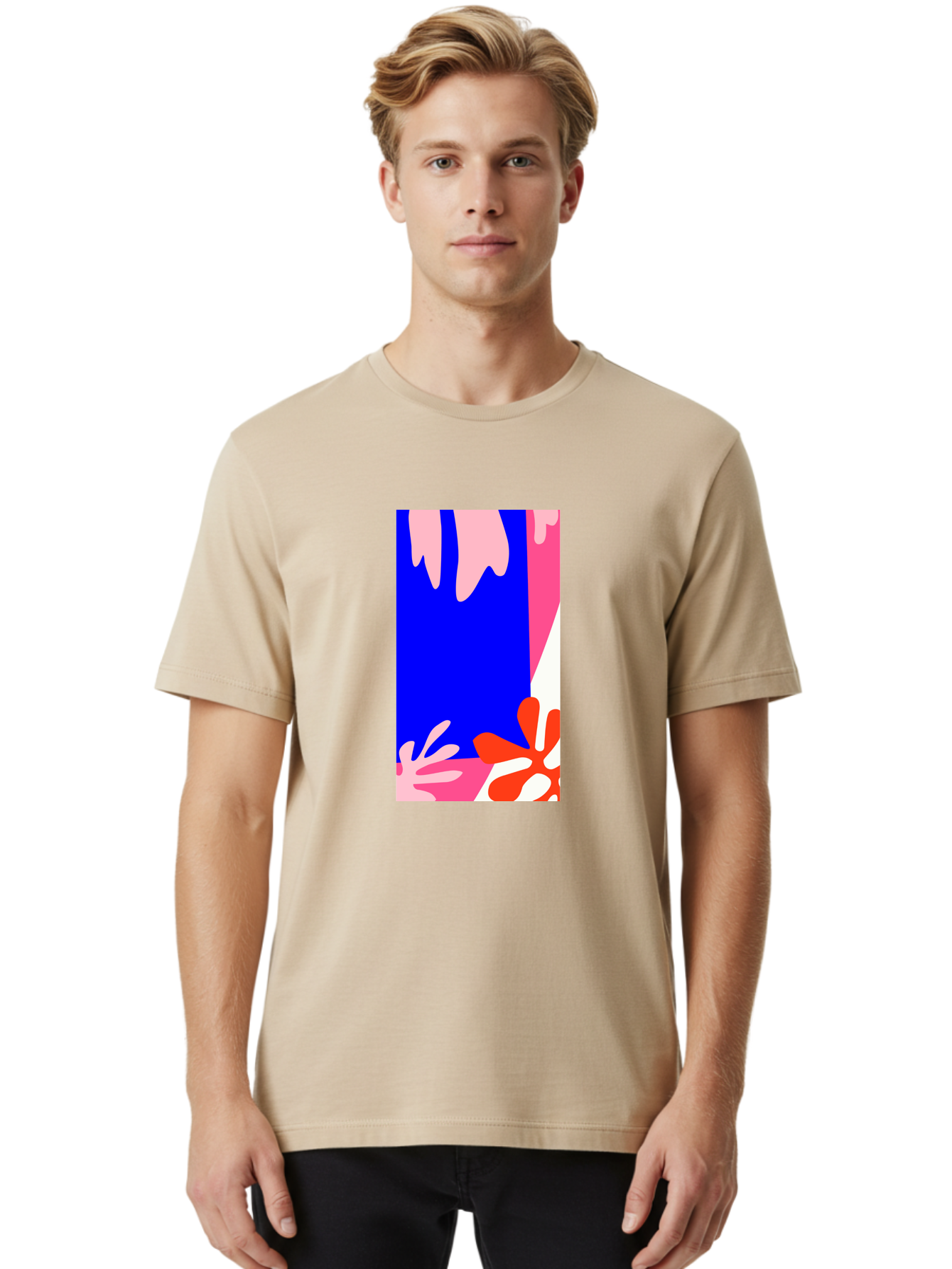 Blue-Strip Men'S Graphic Tee, 100% Cotton, Comfortable Casual Summer Wear, Machine Washable, Abstract Floral Pattern, Vibrant Colors, Blue Background, Pink And Red Flowers, Artistic Design, Modern Art, Colorful Illustration, Floral Motif Aab607 12