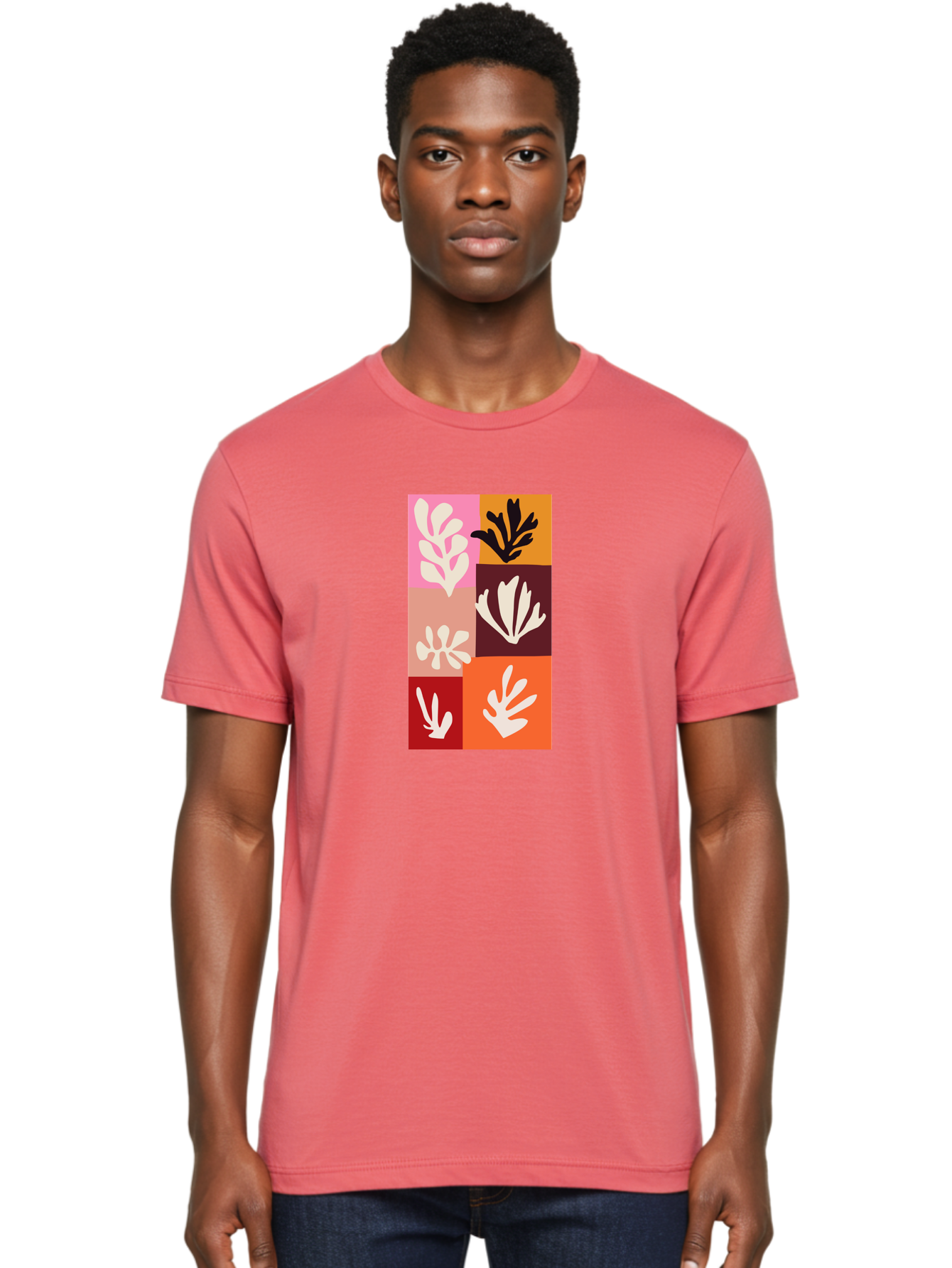Leaf-Patterns Men'S Graphic Tee, 100% Cotton, Comfortable Casual Summer Wear, Machine Washable, Abstract Art, Cut-Out Technique, Floral Motifs, Bold Colors, Minimalist Design, Modern Art, Decorative Patterns, Leaf Silhouettes, Artistic Collage Aab622 26