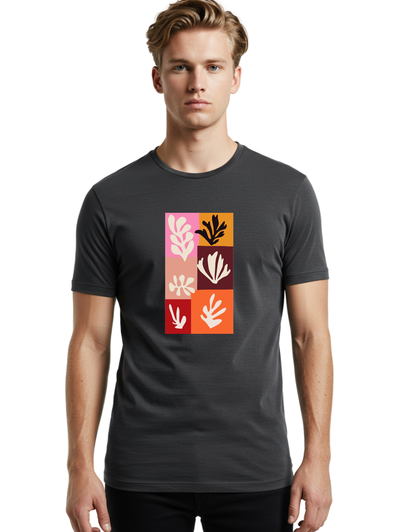 Leaf-Patterns Men'S Graphic Tee, 100% Cotton, Comfortable Casual Summer Wear, Machine Washable, Abstract Art, Cut-Out Technique, Floral Motifs, Bold Colors, Minimalist Design, Modern Art, Decorative Patterns, Leaf Silhouettes, Artistic Collage Aab622 2
