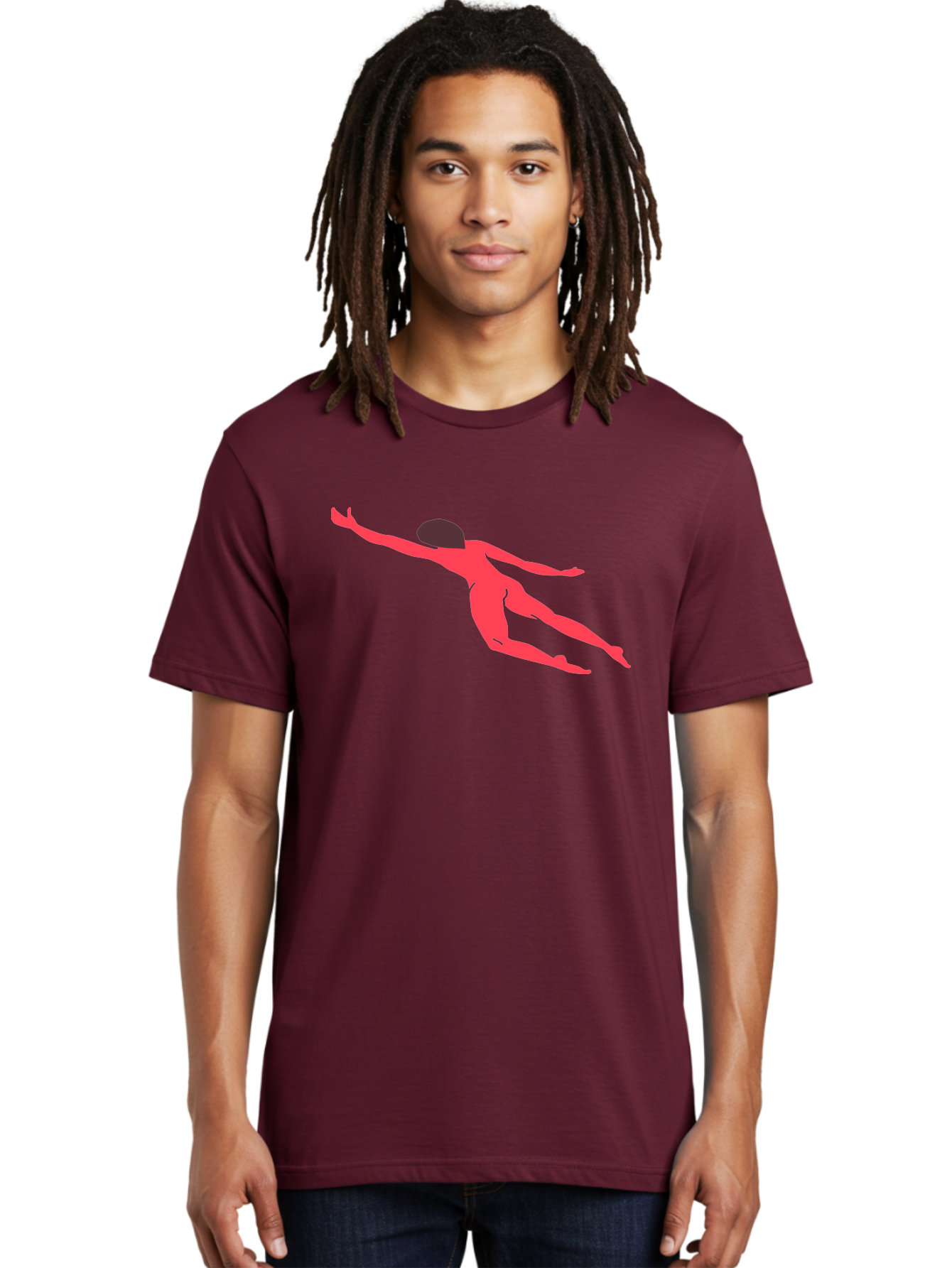 Pink-Silhouette Men'S Graphic Tee, 100% Cotton, Comfortable Casual Summer Wear, Machine Washable, Swimming Motion, Aquatic Activity, Sports, Dynamic Movement, Water Sports, Freestyle Swimmer, Red Figure, Fluid Motion Aab630 24