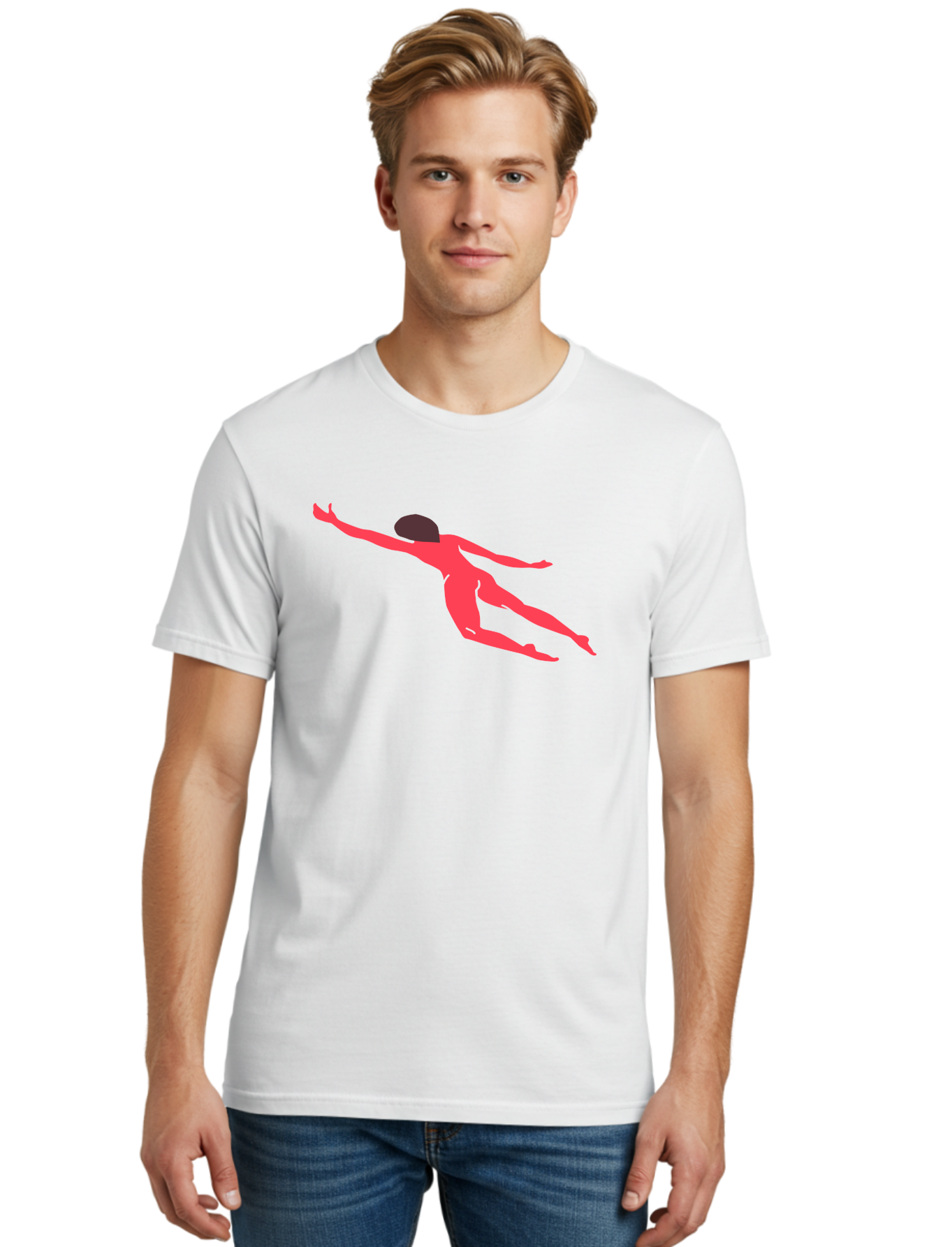 Pink-Silhouette Men'S Graphic Tee, 100% Cotton, Comfortable Casual Summer Wear, Machine Washable, Swimming Motion, Aquatic Activity, Sports, Dynamic Movement, Water Sports, Freestyle Swimmer, Red Figure, Fluid Motion Aab630 6