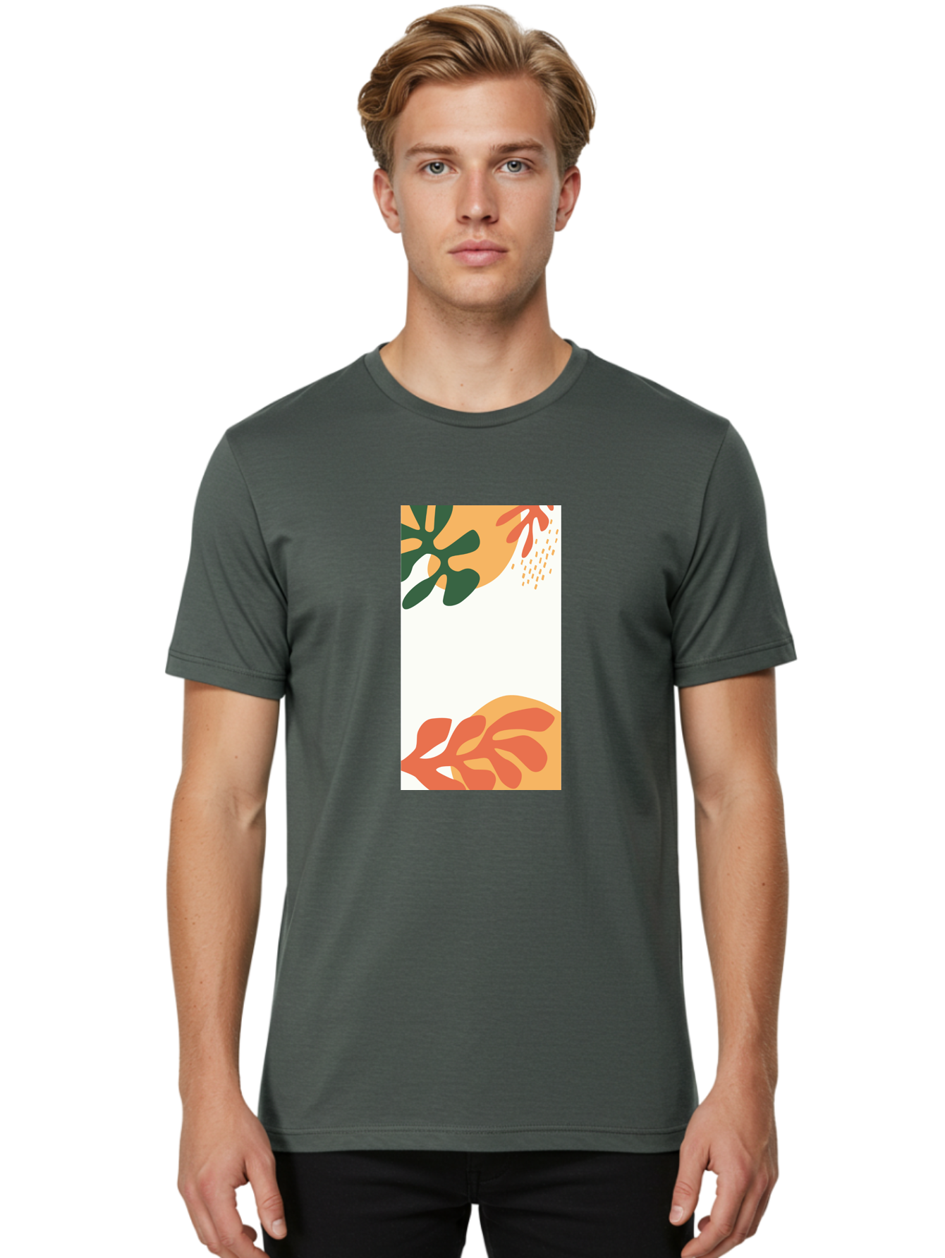 Tropical-Leaves Men'S Graphic Tee, 100% Cotton, Comfortable Casual Summer Wear, Machine Washable, Tropical Leaves, Abstract Art, Modern Design, Minimalist Style, Orange And Green Hues, Creative Graphics, Digital Illustration, Contemporary Art Aab636 12