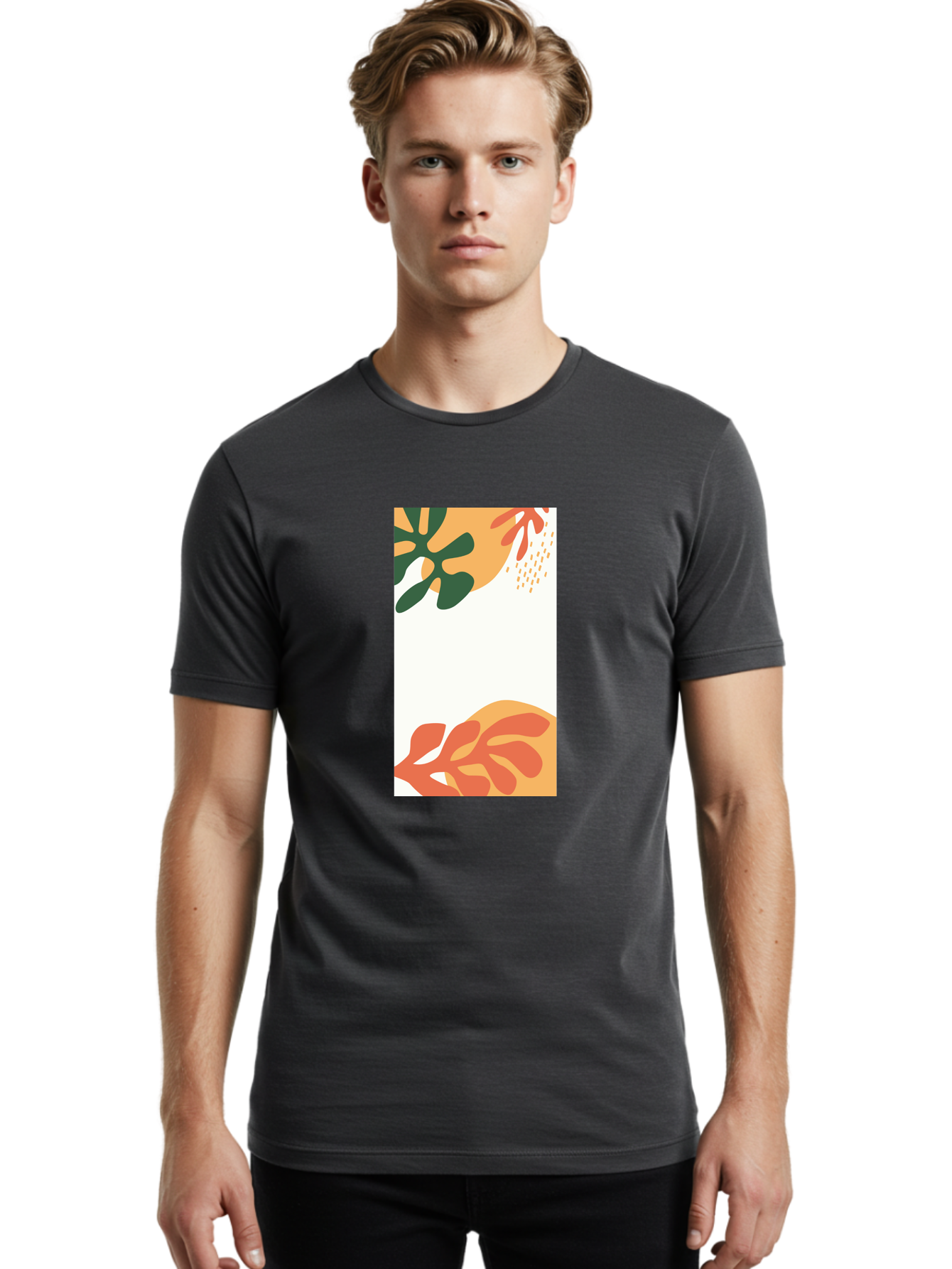 Tropical-Leaves Men'S Graphic Tee, 100% Cotton, Comfortable Casual Summer Wear, Machine Washable, Tropical Leaves, Abstract Art, Modern Design, Minimalist Style, Orange And Green Hues, Creative Graphics, Digital Illustration, Contemporary Art Aab636 14