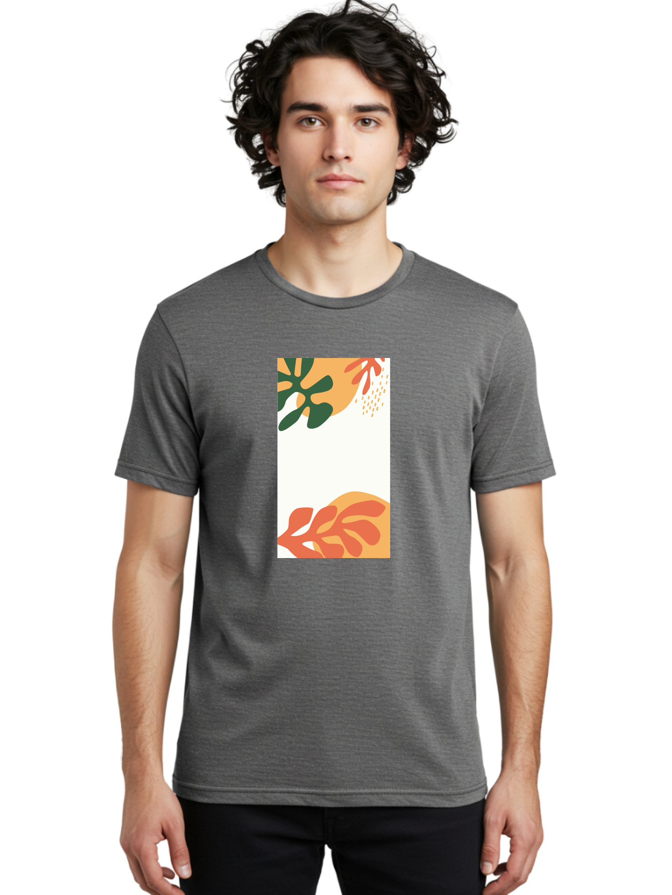 Tropical-Leaves Men'S Graphic Tee, 100% Cotton, Comfortable Casual Summer Wear, Machine Washable, Tropical Leaves, Abstract Art, Modern Design, Minimalist Style, Orange And Green Hues, Creative Graphics, Digital Illustration, Contemporary Art Aab636 26