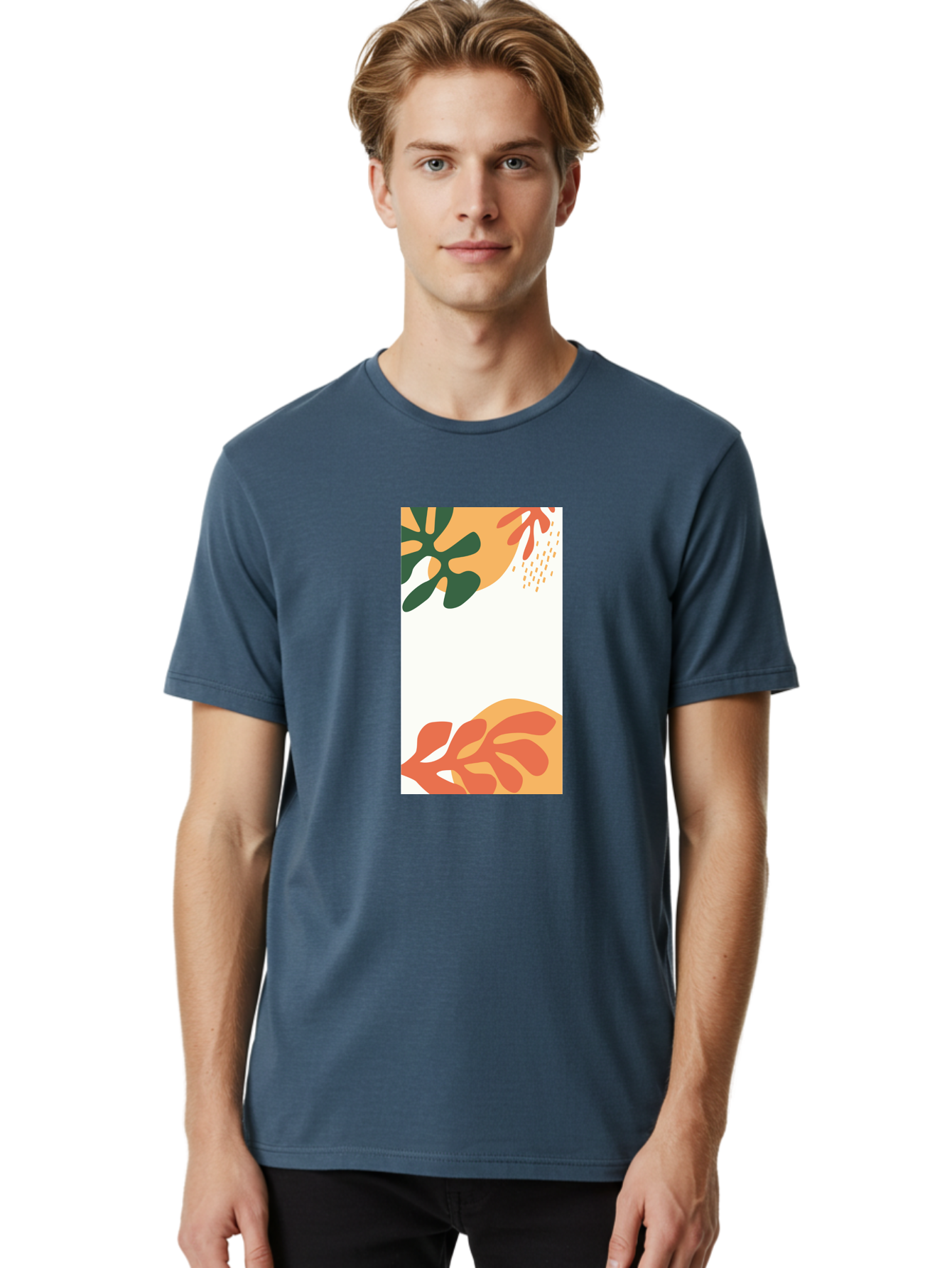 Tropical-Leaves Men'S Graphic Tee, 100% Cotton, Comfortable Casual Summer Wear, Machine Washable, Tropical Leaves, Abstract Art, Modern Design, Minimalist Style, Orange And Green Hues, Creative Graphics, Digital Illustration, Contemporary Art Aab636 8