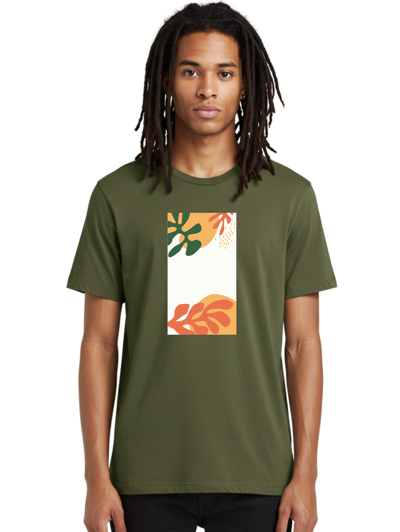 Tropical-Leaves Men'S Graphic Tee, 100% Cotton, Comfortable Casual Summer Wear, Machine Washable, Tropical Leaves, Abstract Art, Modern Design, Minimalist Style, Orange And Green Hues, Creative Graphics, Digital Illustration, Contemporary Art Aab636 22