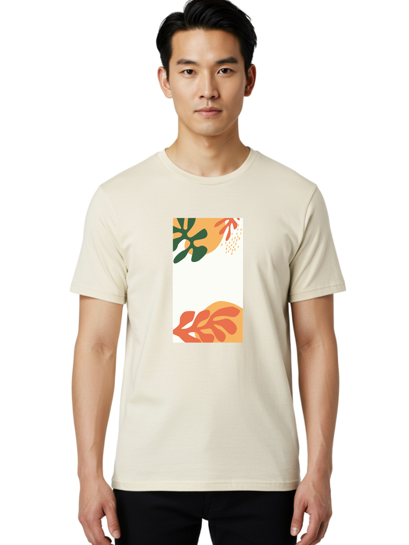 Tropical-Leaves Men'S Graphic Tee, 100% Cotton, Comfortable Casual Summer Wear, Machine Washable, Tropical Leaves, Abstract Art, Modern Design, Minimalist Style, Orange And Green Hues, Creative Graphics, Digital Illustration, Contemporary Art Aab636 28