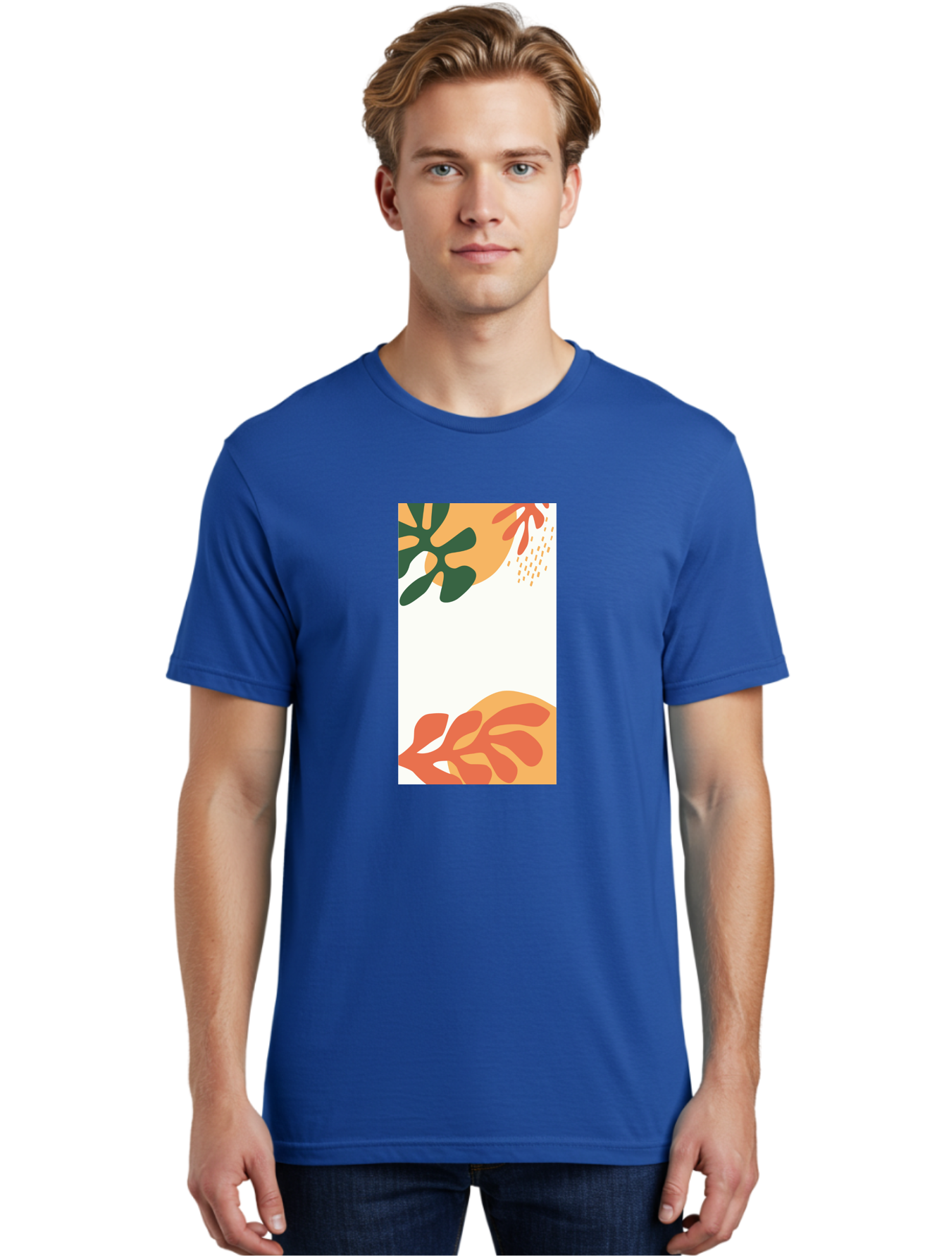 Tropical-Leaves Men'S Graphic Tee, 100% Cotton, Comfortable Casual Summer Wear, Machine Washable, Tropical Leaves, Abstract Art, Modern Design, Minimalist Style, Orange And Green Hues, Creative Graphics, Digital Illustration, Contemporary Art Aab636 18