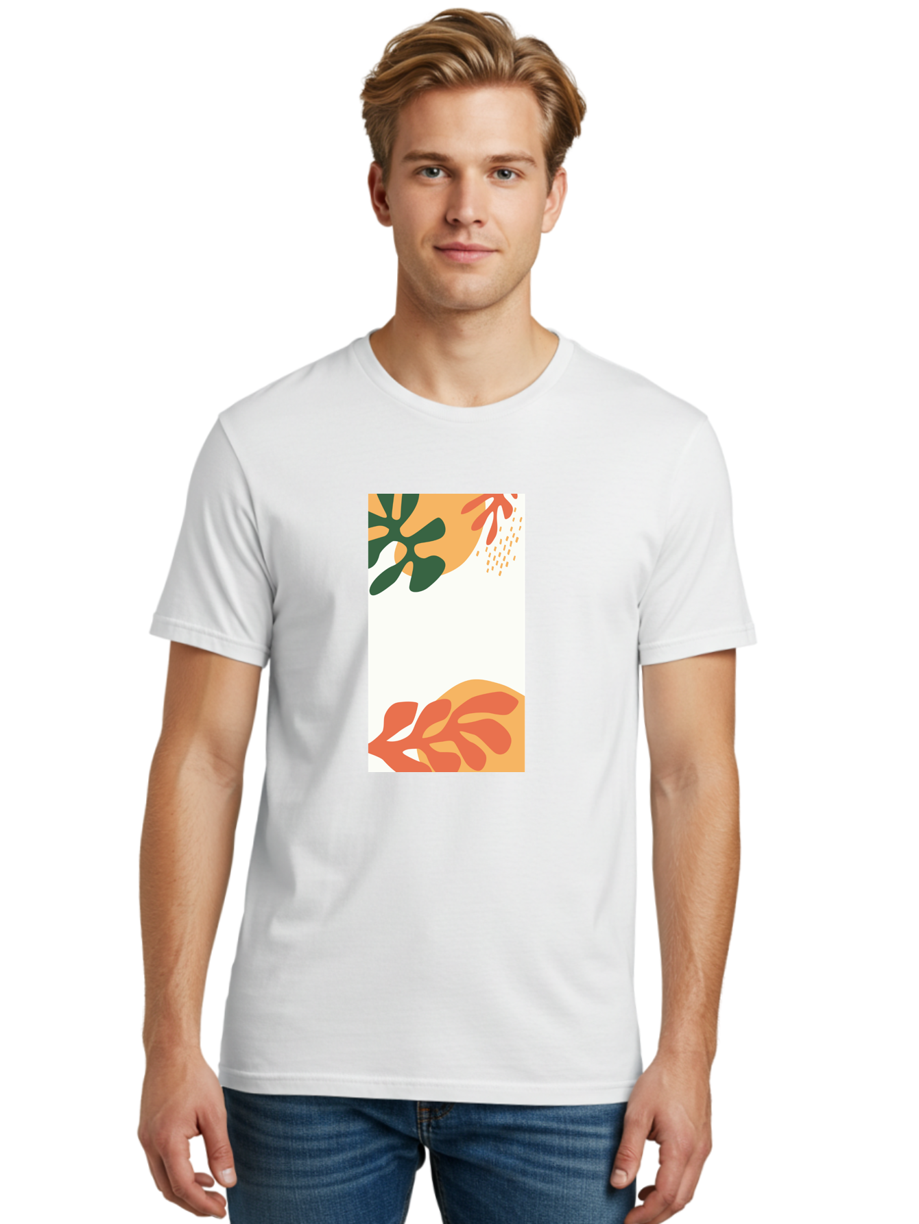 Tropical-Leaves Men'S Graphic Tee, 100% Cotton, Comfortable Casual Summer Wear, Machine Washable, Tropical Leaves, Abstract Art, Modern Design, Minimalist Style, Orange And Green Hues, Creative Graphics, Digital Illustration, Contemporary Art Aab636 16