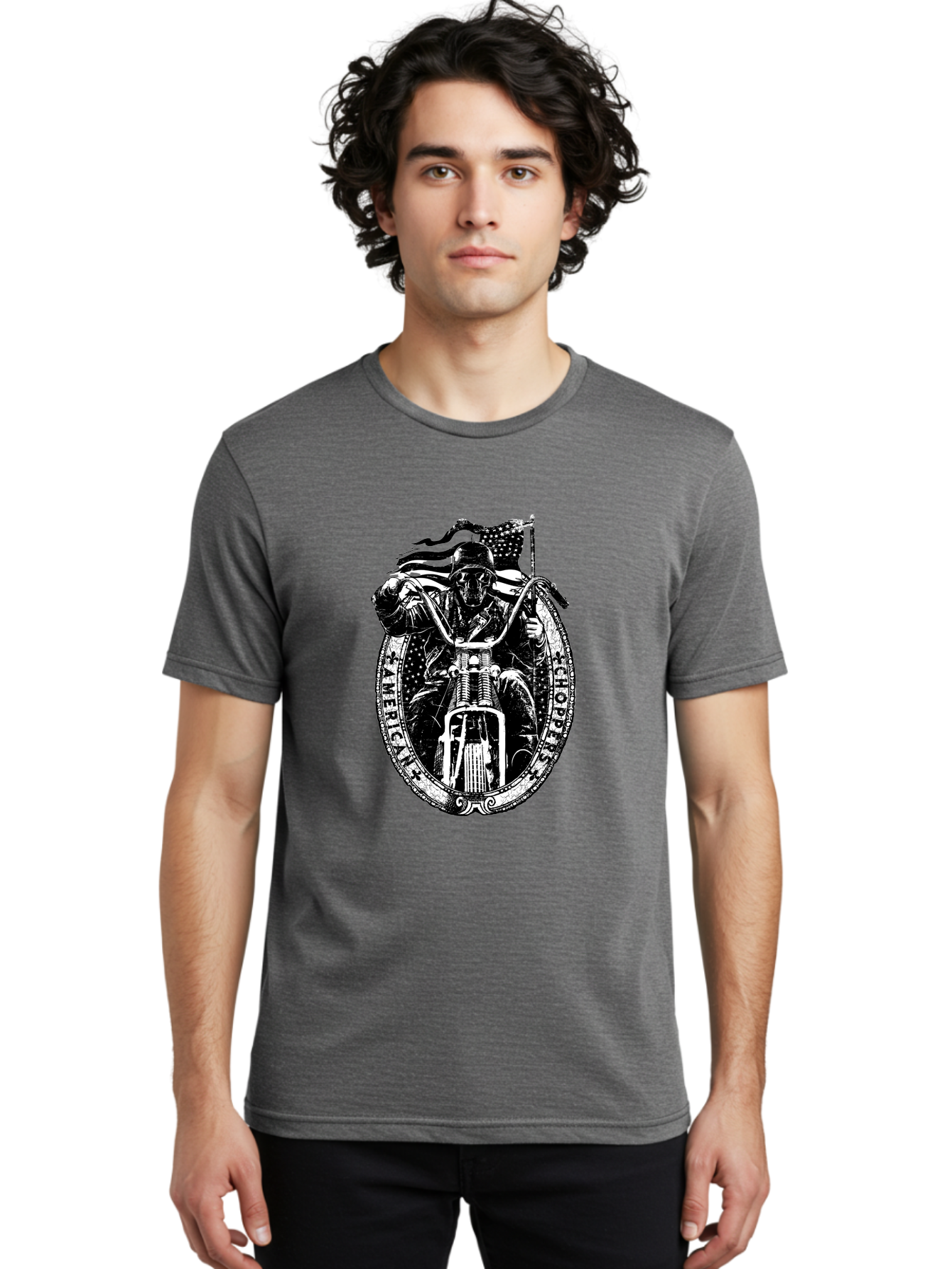 American-Chopper Men'S Graphic Tee, 100% Cotton, Comfortable Casual Summer Wear, Machine Washable, Motorcycle Culture, Biker Graphics, Patriotic Symbol, Chopper Bike, Skull Rider, American Flag, Bold Design, Black And White Illustration, Aab642 4