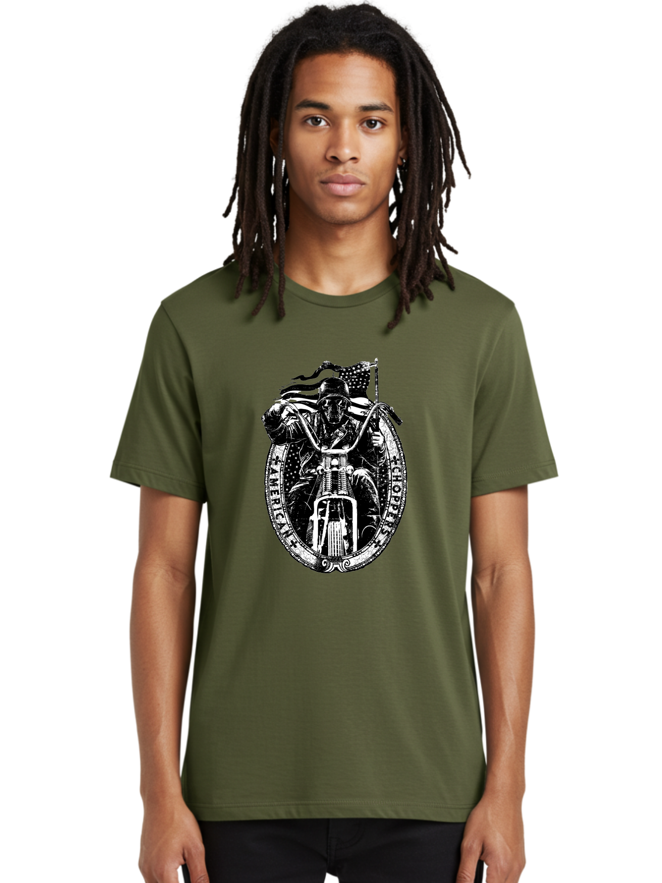 American-Chopper Men'S Graphic Tee, 100% Cotton, Comfortable Casual Summer Wear, Machine Washable, Motorcycle Culture, Biker Graphics, Patriotic Symbol, Chopper Bike, Skull Rider, American Flag, Bold Design, Black And White Illustration, Aab642 2