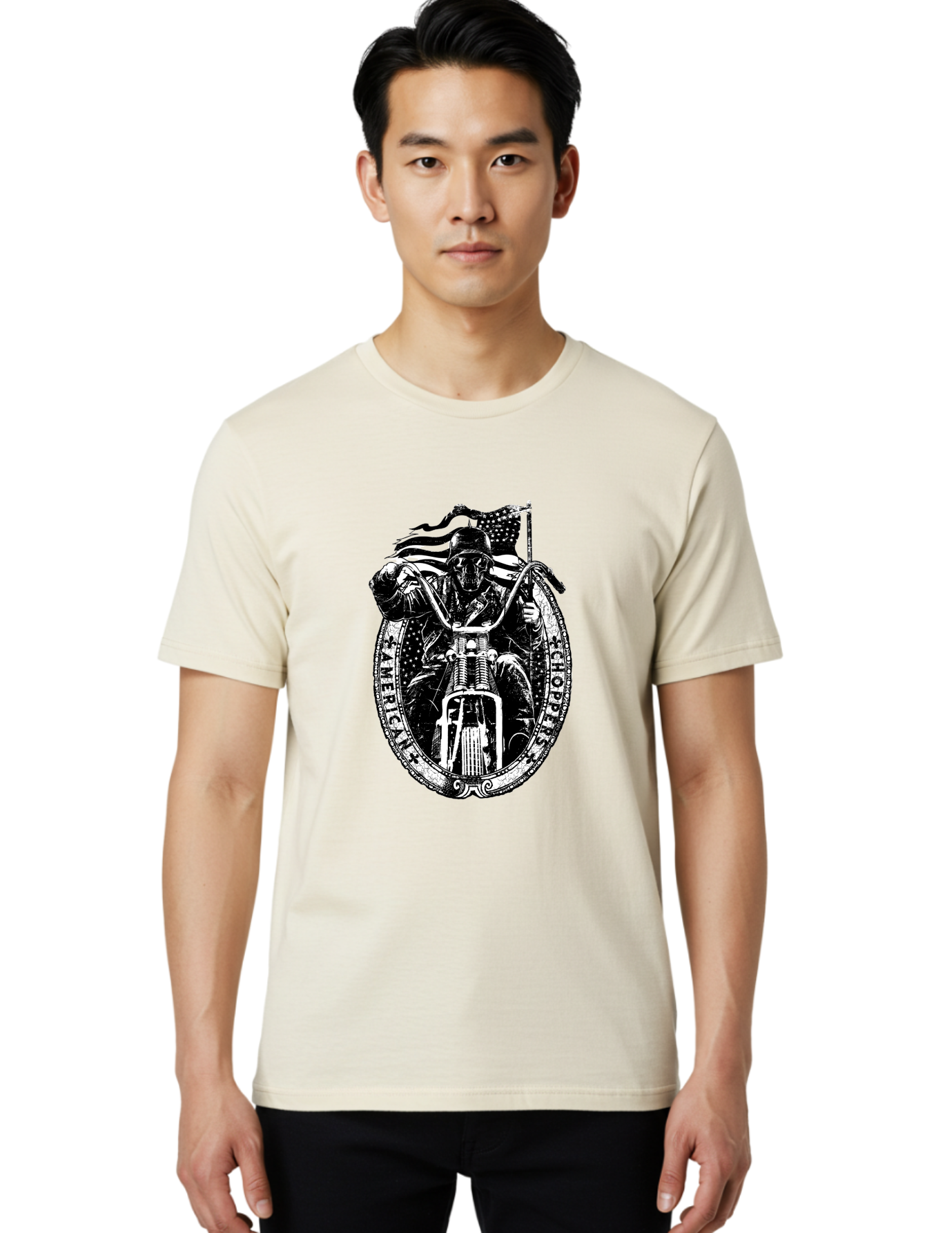 American-Chopper Men'S Graphic Tee, 100% Cotton, Comfortable Casual Summer Wear, Machine Washable, Motorcycle Culture, Biker Graphics, Patriotic Symbol, Chopper Bike, Skull Rider, American Flag, Bold Design, Black And White Illustration, Aab642 26