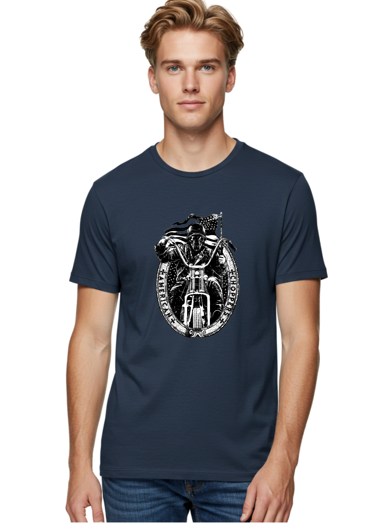 American-Chopper Men'S Graphic Tee, 100% Cotton, Comfortable Casual Summer Wear, Machine Washable, Motorcycle Culture, Biker Graphics, Patriotic Symbol, Chopper Bike, Skull Rider, American Flag, Bold Design, Black And White Illustration, Aab642 24