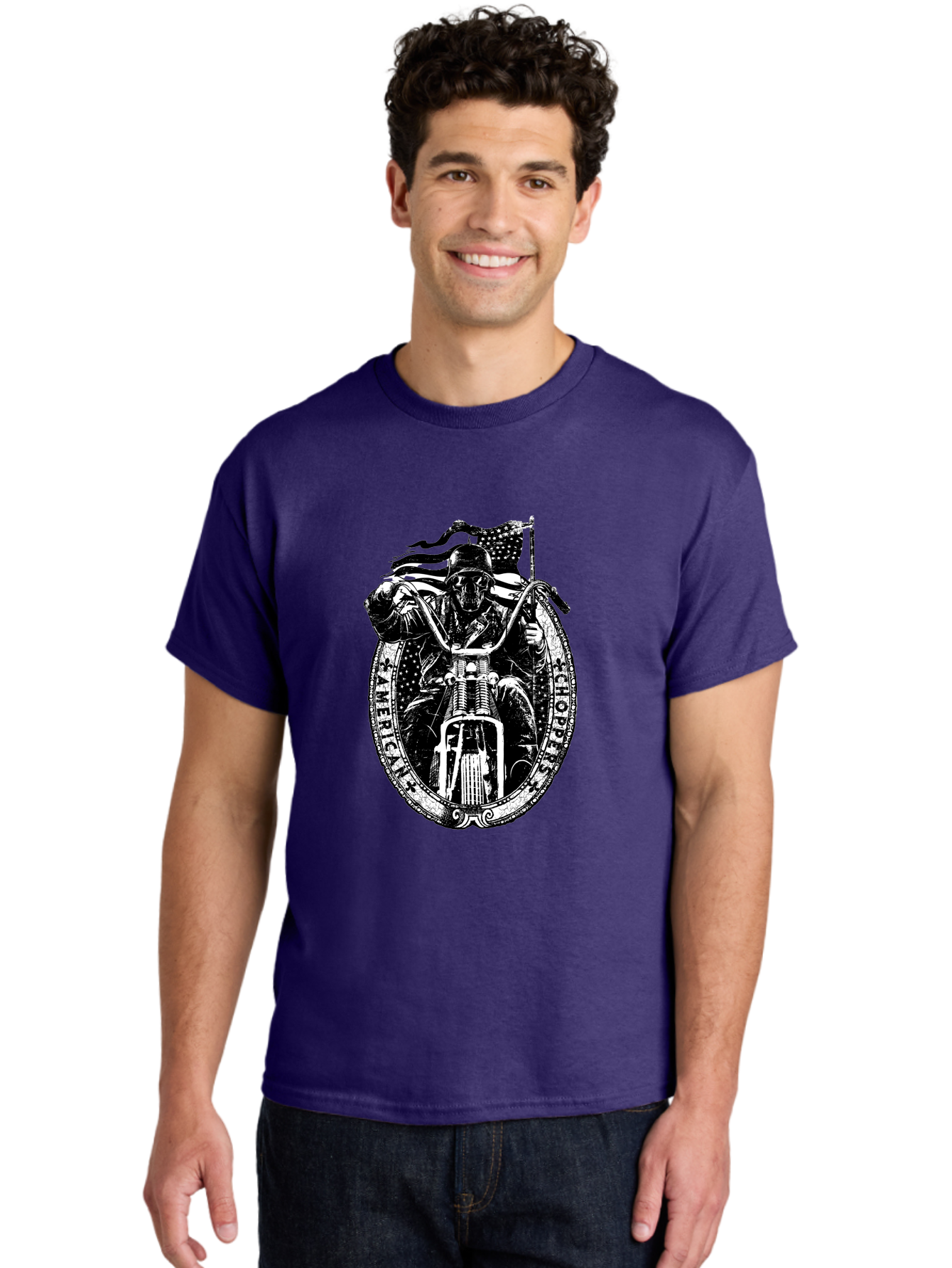 American-Chopper Men'S Graphic Tee, 100% Cotton, Comfortable Casual Summer Wear, Machine Washable, Motorcycle Culture, Biker Graphics, Patriotic Symbol, Chopper Bike, Skull Rider, American Flag, Bold Design, Black And White Illustration, Aab642 22
